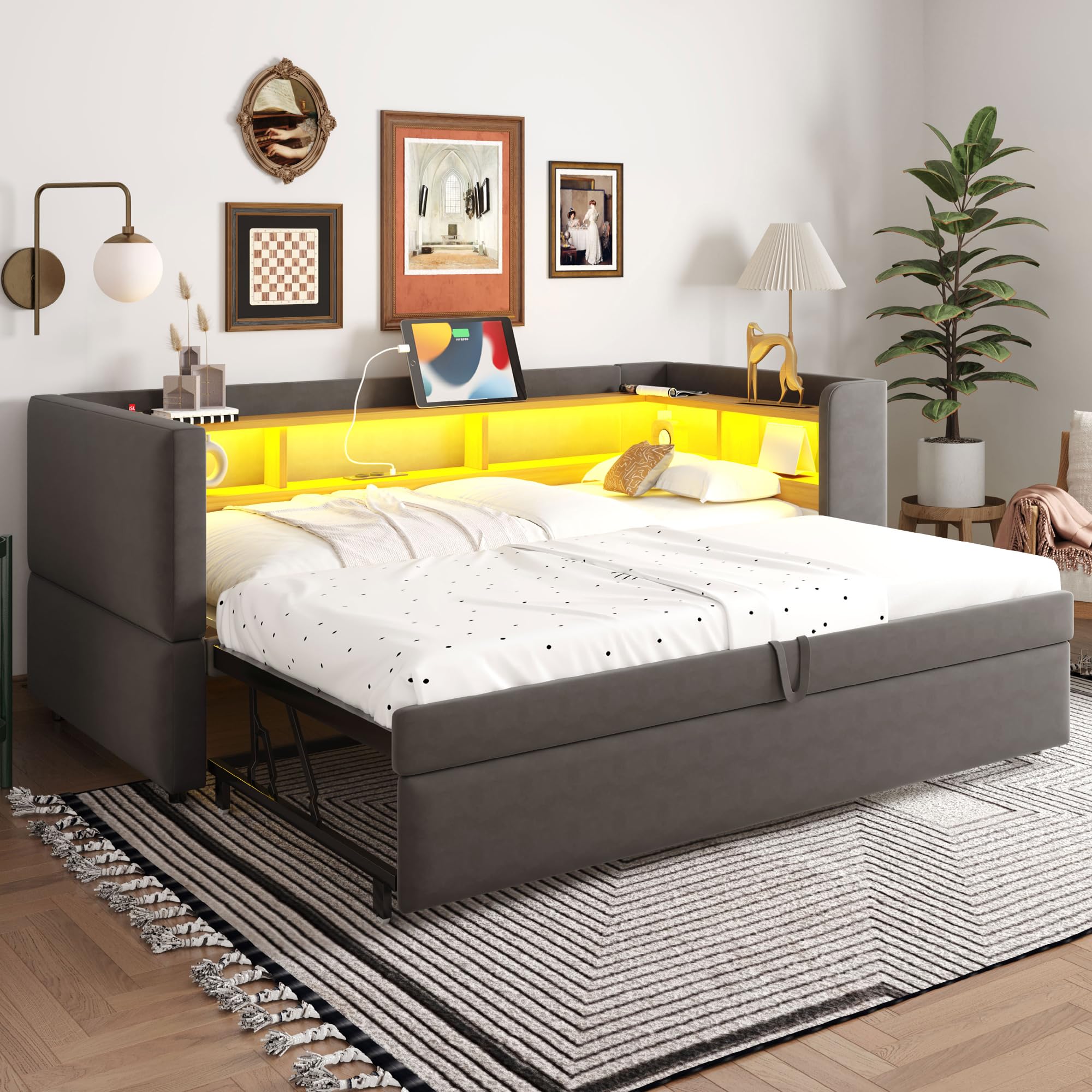 Divano Letto Estraibile 90/180 * 190cm, Letto Imbottito con Luci a LED e Prese USB, Numerosi Vani Portaoggetti Laterali, Multifunzione Lettos Singol, Grigio Scuro