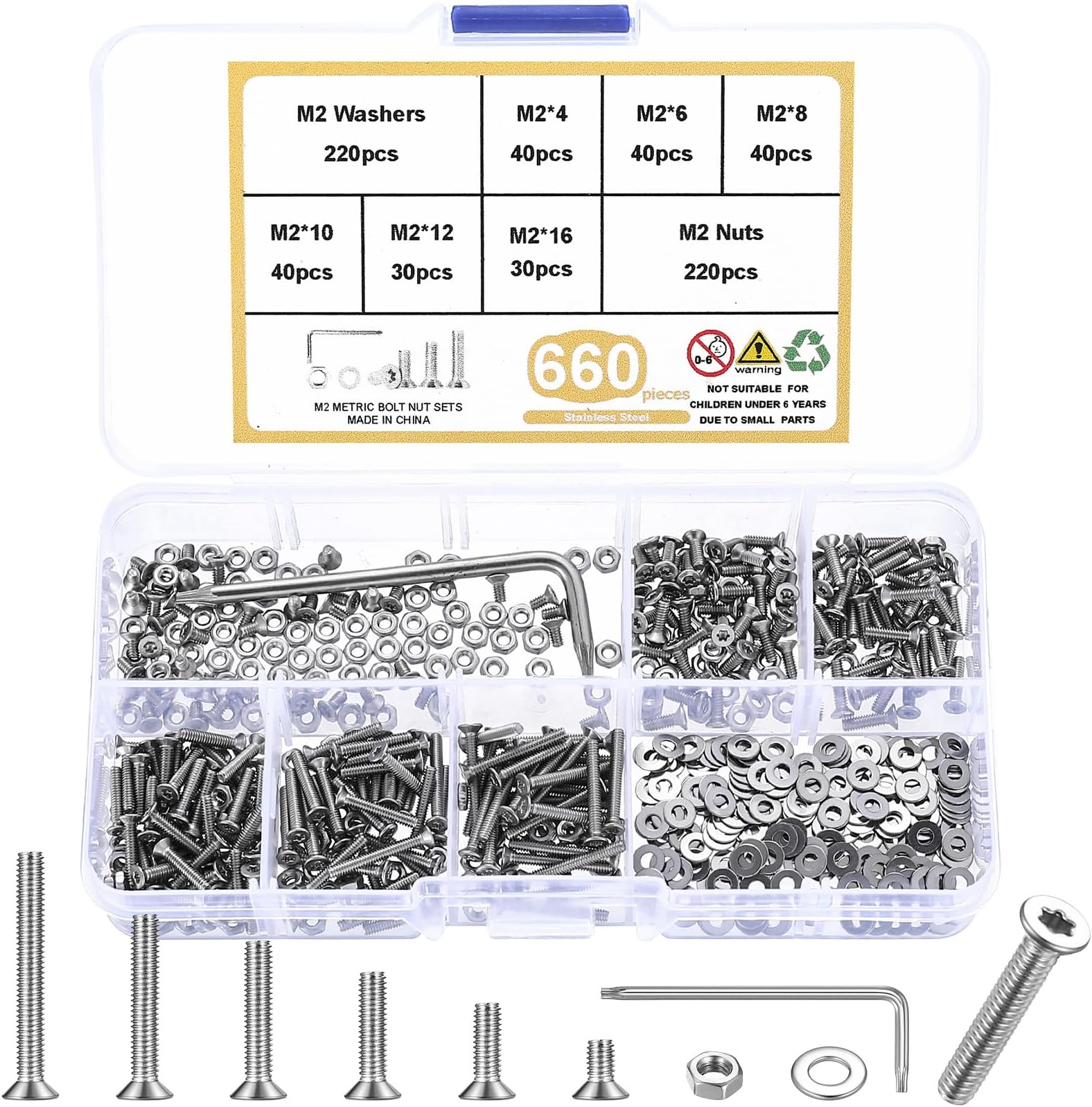 660 Pcs M2 Screws Set, Small Countersunk Bolts and Nuts Set, Torx Flat Head Machine Screws Bolts and Nuts Kit, Stainless Steel Countersunk Head Screw and Washers, with Wrench