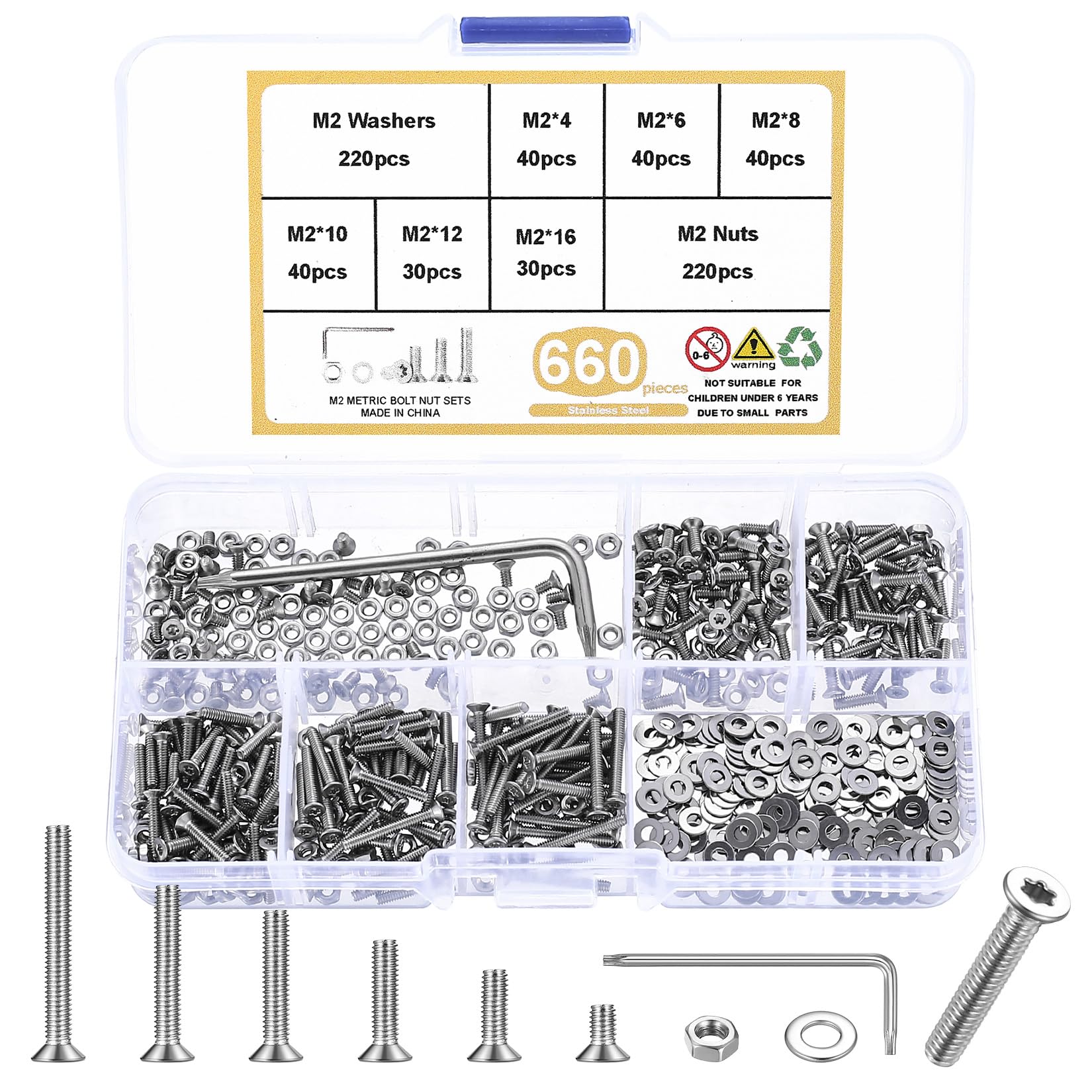 660 Pcs M2 Screws Set, Small Countersunk Bolts and Nuts Set, Torx Flat Head Machine Screws Bolts and Nuts Kit, Stainless Steel Countersunk Head Screw and Washers, with Wrench