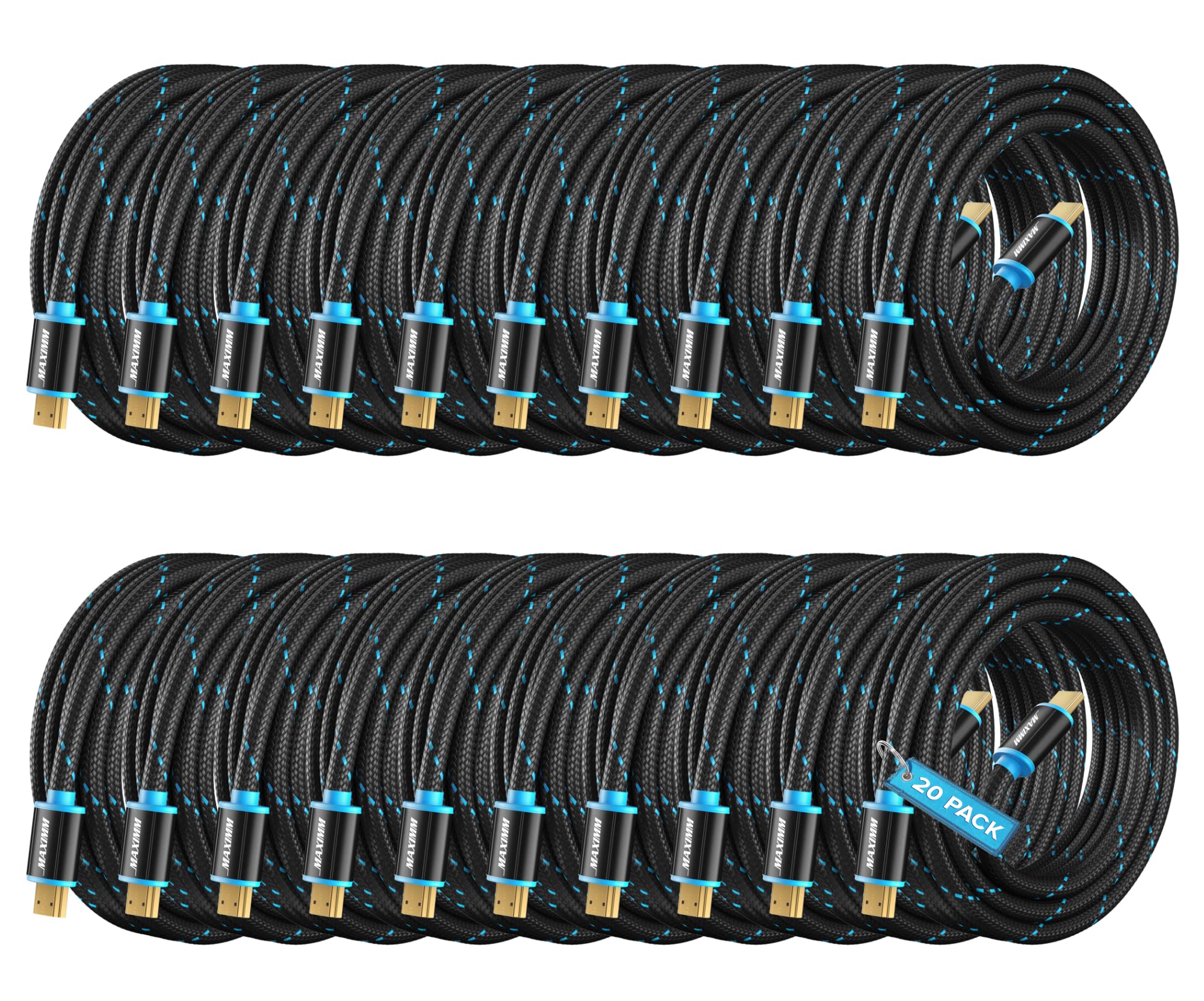 KEEPXYZ High-Speed HDMI 2.0 4K Nylon Braided Cable, 12 Feet, 20-Pack (Includes Cable Clips, Ties and Right Angle Adapter)