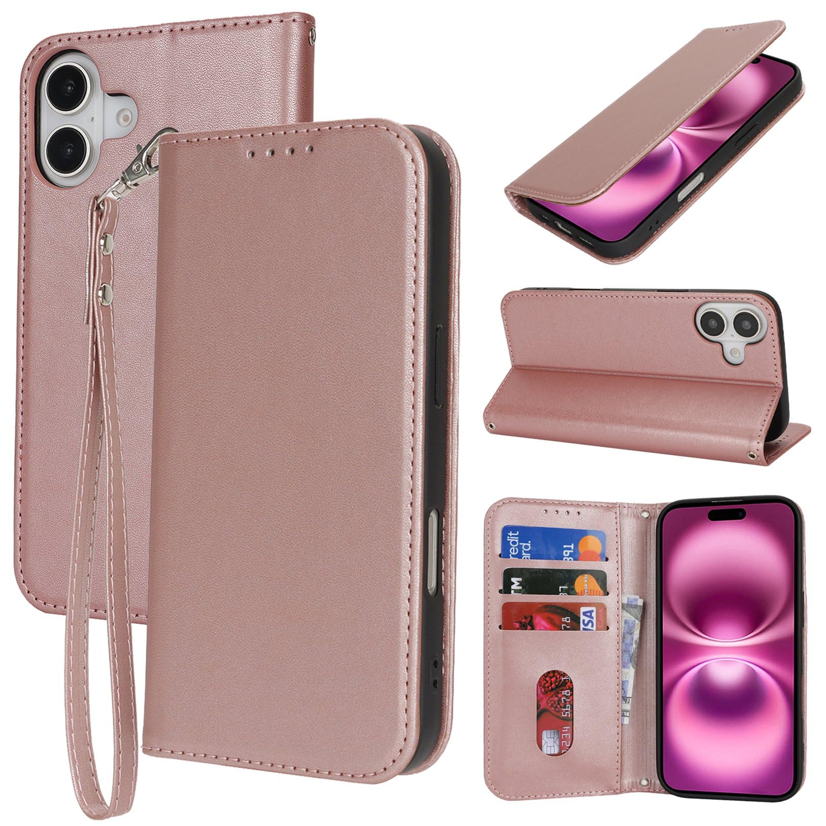 Jaorty Fit for iPhone 16 Plus 5G Phone Case Wallet with Wrist Strap for Women Men,Wallet Case for iPhone 16 Plus with Card Holder,Cash Pocket PU