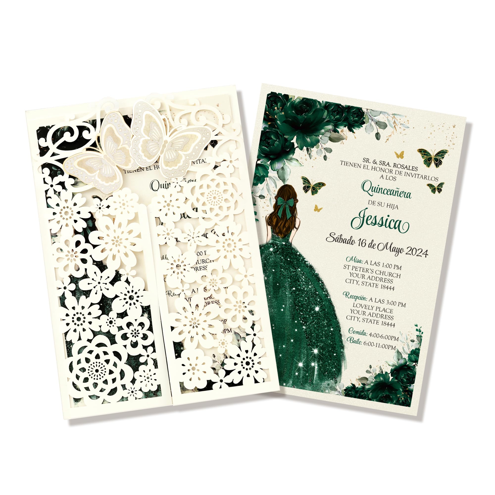FANEYA 50Pcs Butterfly Quinceanera Invitation Emerald Green for 15 year, Sweet 16, Miss XV, Birthday Laser Cut Quince Invitation Cards Personalized