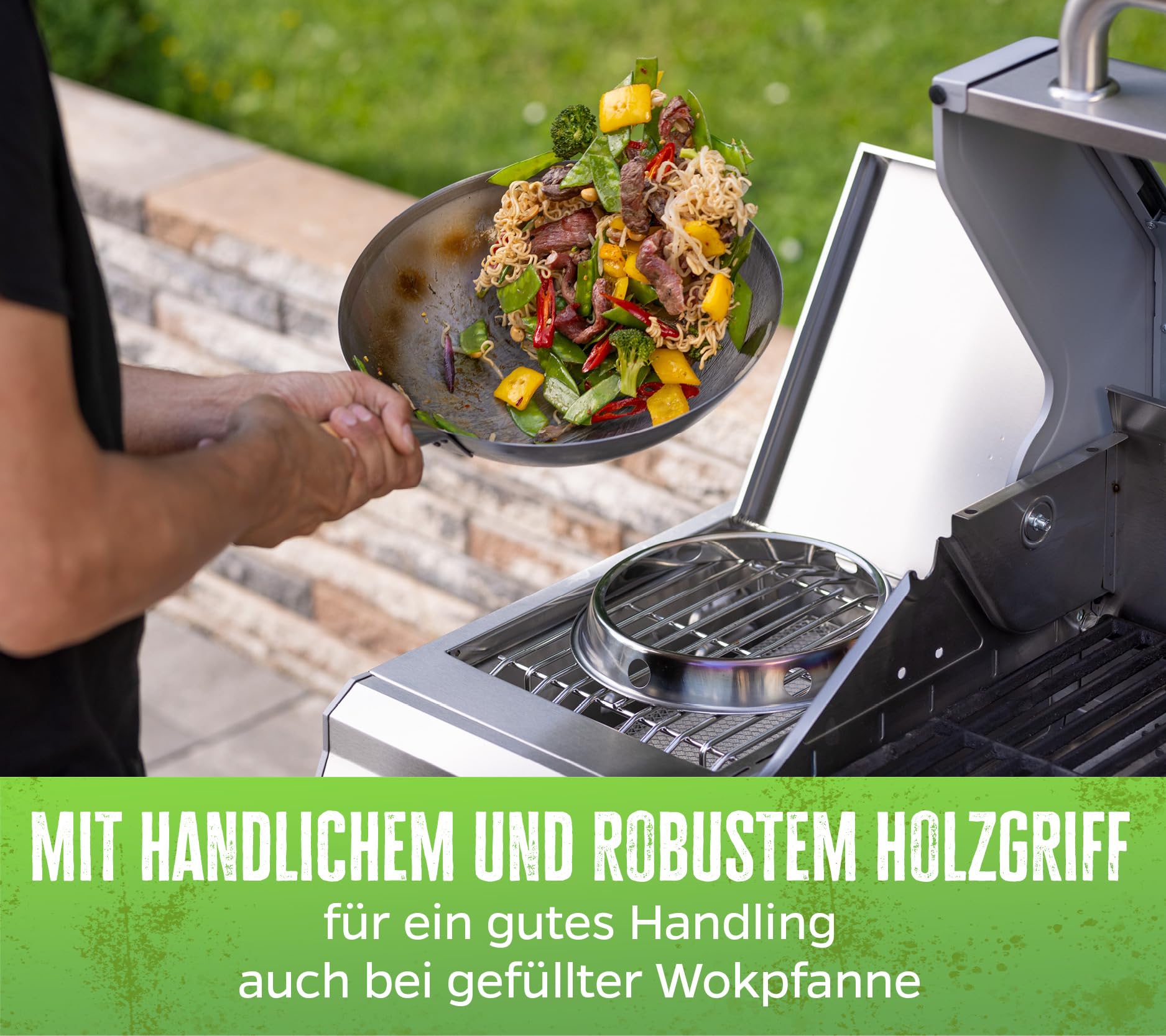 Grillfürst Wok Pfanne aus Edelstahl Ø 30 cm - mit Holzgriff - Edelstahlpfanne mit rundem Pfannenboden - ideal für Seitenkocher eines Grills oder Gasherd, inkl. Wok-Ring