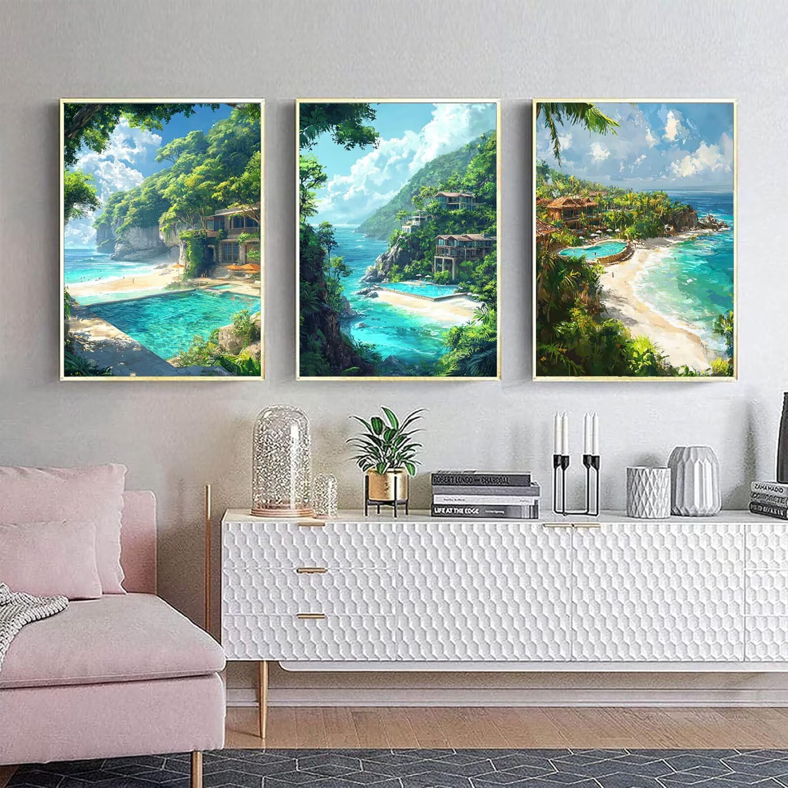Cnyaunfi 3 Pezzi Oceano Pittura Diamante Fai-Da-Te 5D Blu Diamond Painting Kit Completo per, Hobby Creativi Adulti, Pittura Diamante Artigianale Per La Decorazione Della Parete Di Casa 60x80cm YF-3516