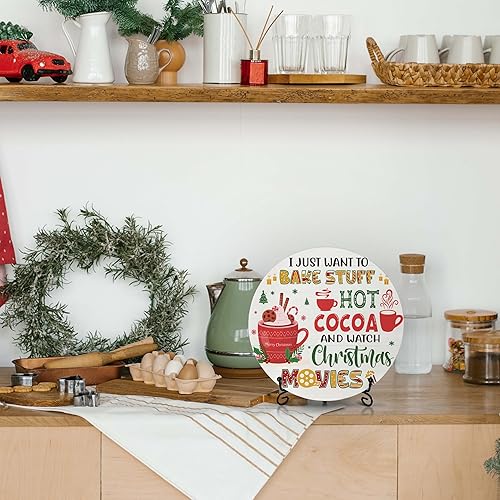 Miniatura 6 de Decoraciones navideñas para el dormitorio del hogar, letrero redondo de madera de cacao caliente con soporte de hierro para estante de mesa de