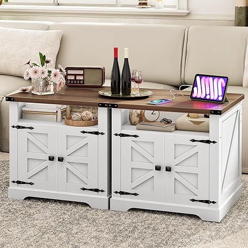 HOOBRO Juego de 2 mesas auxiliares de granja con parte superior abatible con estación de carga, mesa auxiliar grande de sofá de 23.6 pulgadas con
