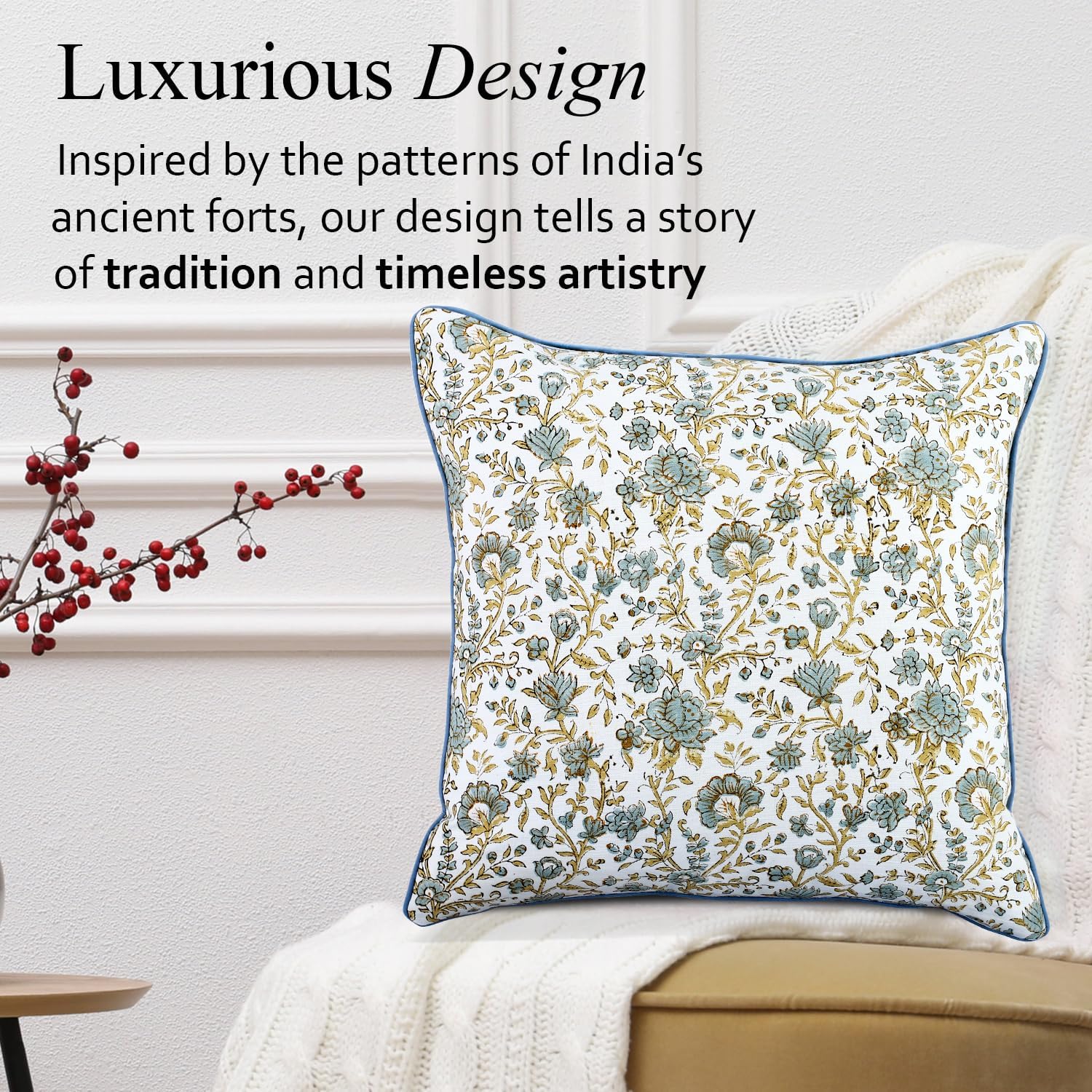 CPC Throw Pillow Covers for Couch, 18x18 Inch Decorative Couch Pillows for Living Room, 100% Cotton Boho Cute Outdoor Pillows, Flower Pillow Covers or Preppy Throws-Vintage Garden Blue - Image 9