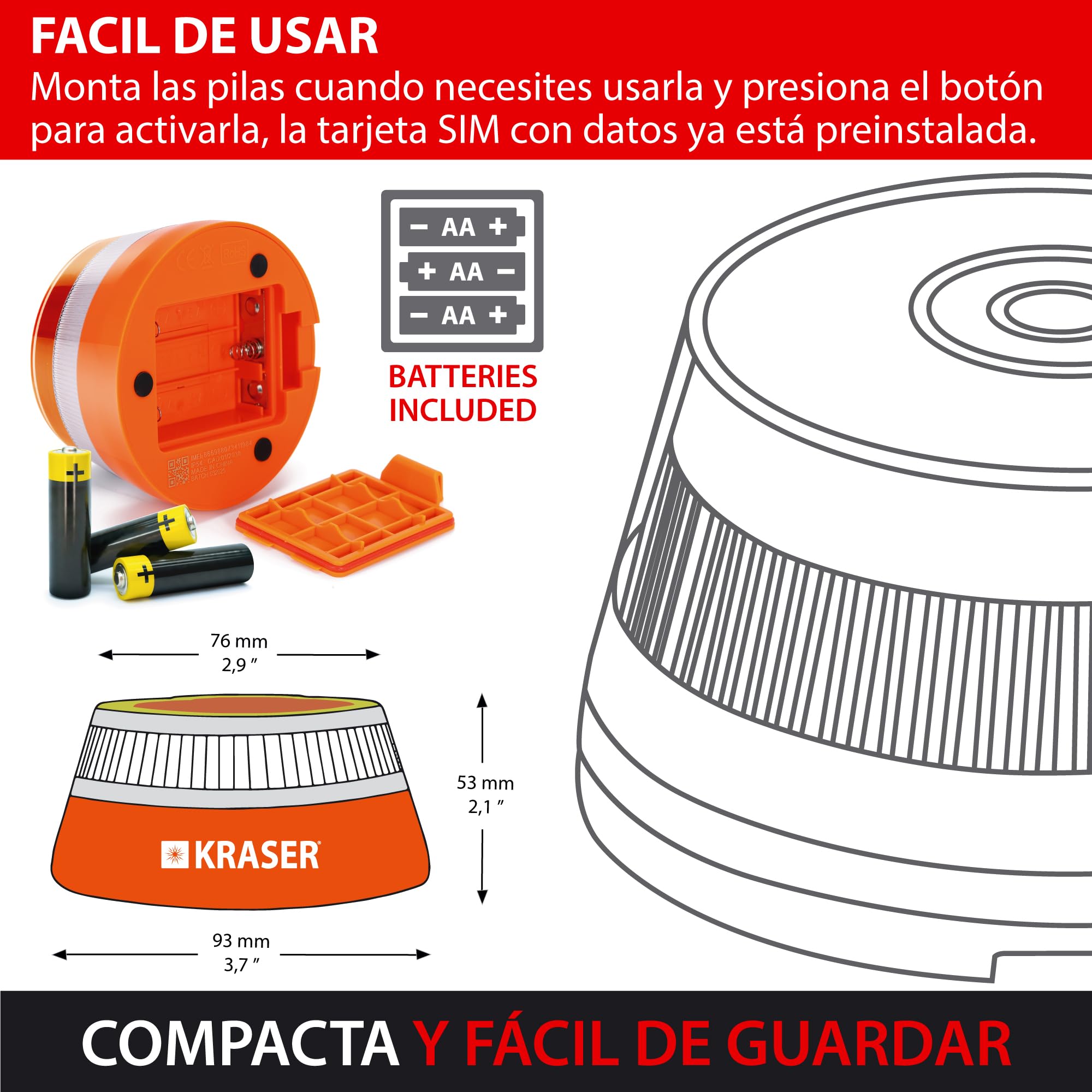 KRASER KRV16IOT Baliza V16 Homologada DGT más Visible y Segura, Geolocalizador Avanzado 3.0, Luz Emergencia Coche Obligatoria en 2026, SIM y Datos Incluidos Telefonica, Potente Base Magnetica LED 360º