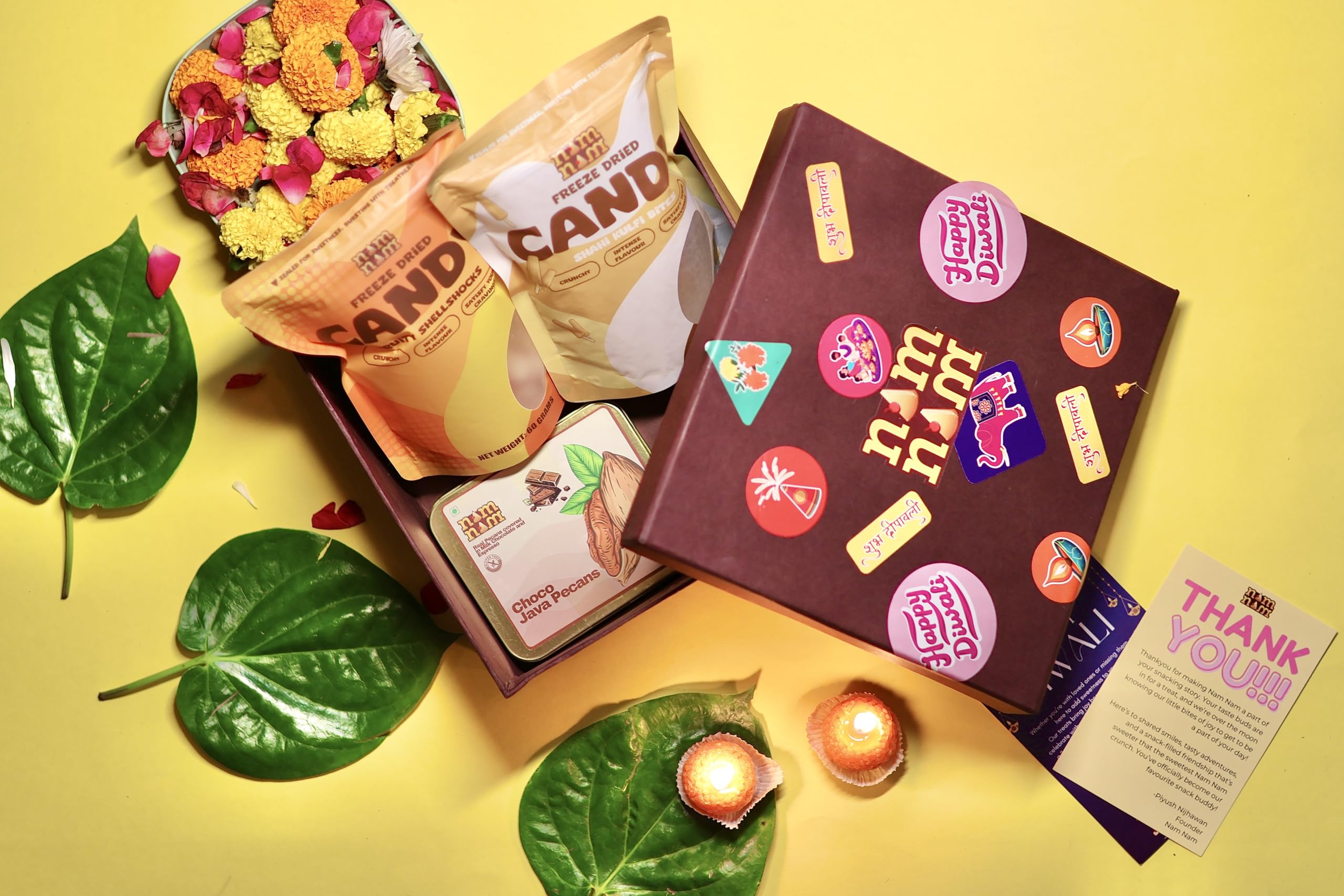 Nam Nam Royal Diwali Delight Gift Box | Festive Treat Hamper with Fruity Shellshocks, Shahi Kulfi Bites & Choco Java Pecans | Perfect for Celebrations & Gifting