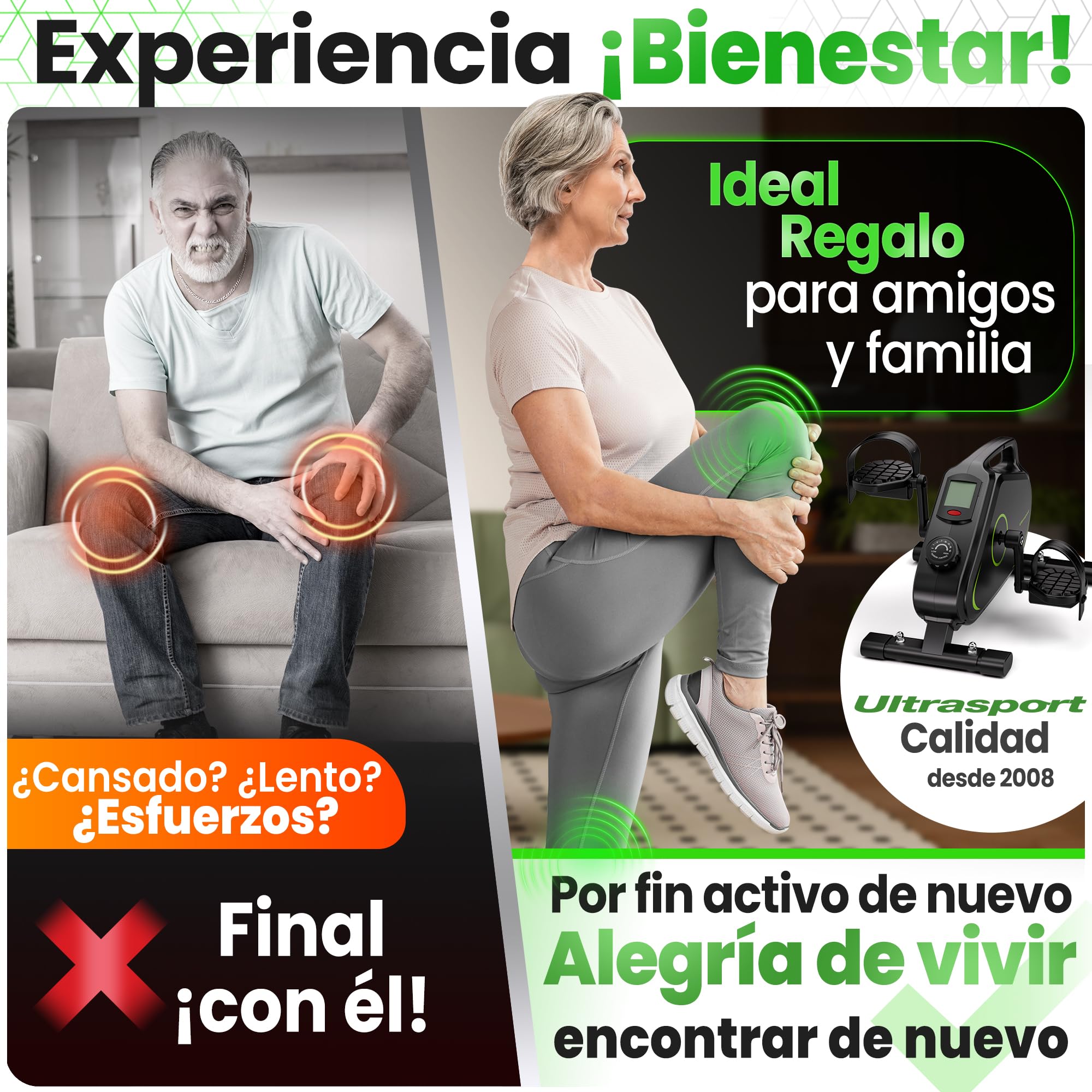 Ultrasport Pedales Estaticos para Personas Mayores y Ancianos con 16 Niveles, Alfombrilla y Correa I Pedaleador Sentado para Ejercicio en Casa, Mini Bicicleta Estatica de Piernas y Brazos