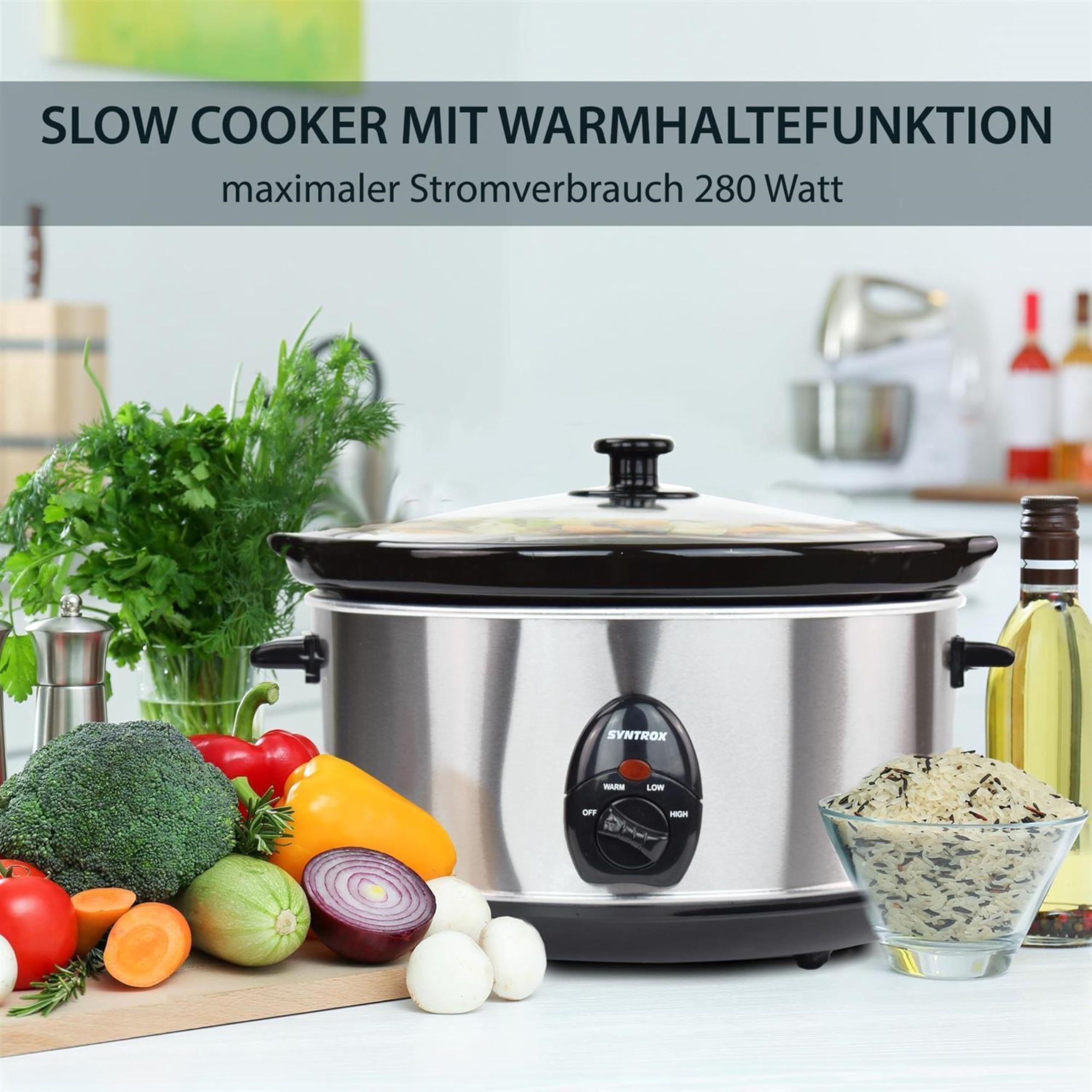 Syntrox Germany 4,5 l Slow Cooker | Schmortopf | Schongarer | Multikocher Delixas, Keramik Servierschüssel, Geschirrspüler geeignet, Mikrowellengeeignet, rutschsichere Standfüße