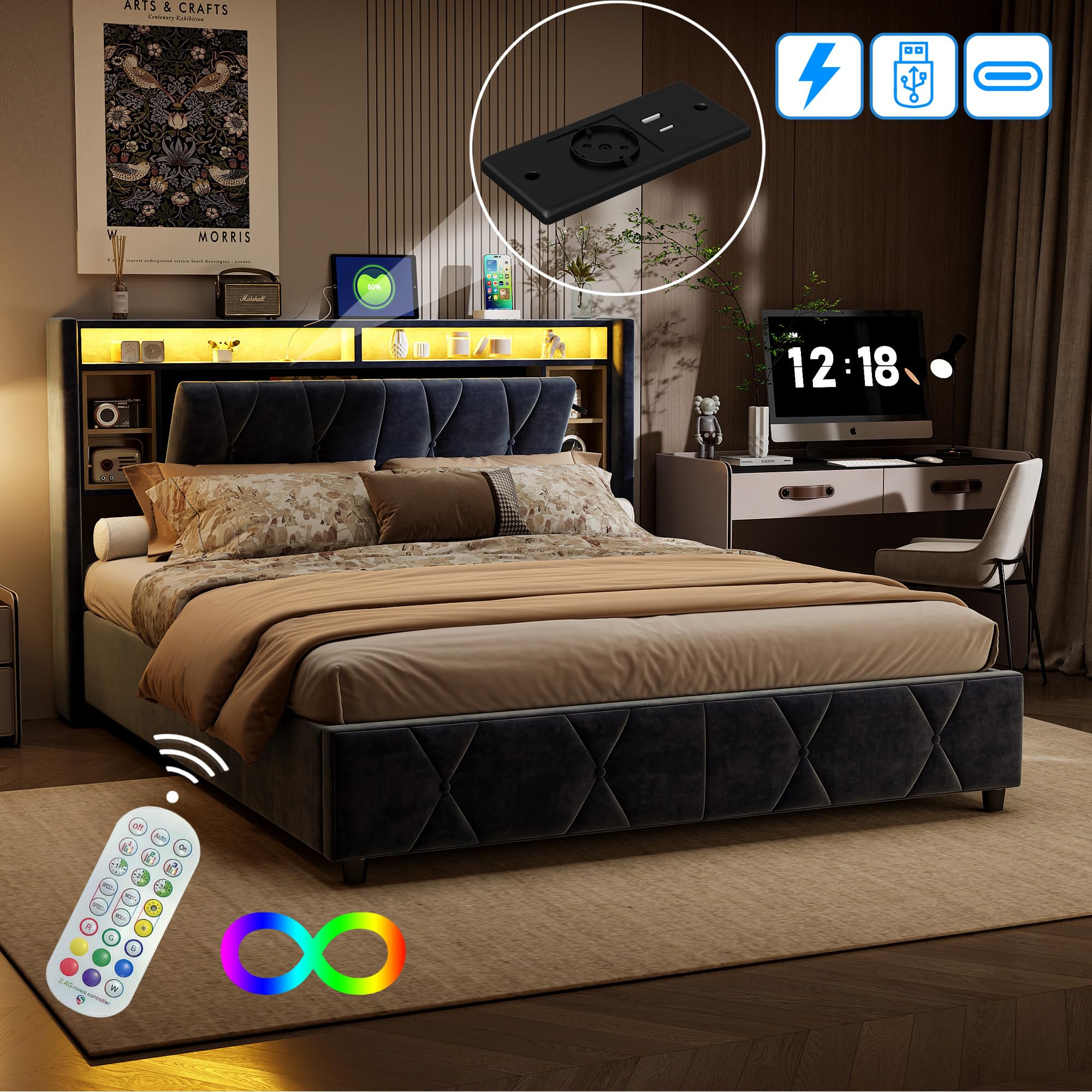 MCDSAJ Struttura Letto Matrimoniale Queen Size 140x200 Cm Con LED E Stazione Di Ricarica - Nero Imbottito Con Contenitore