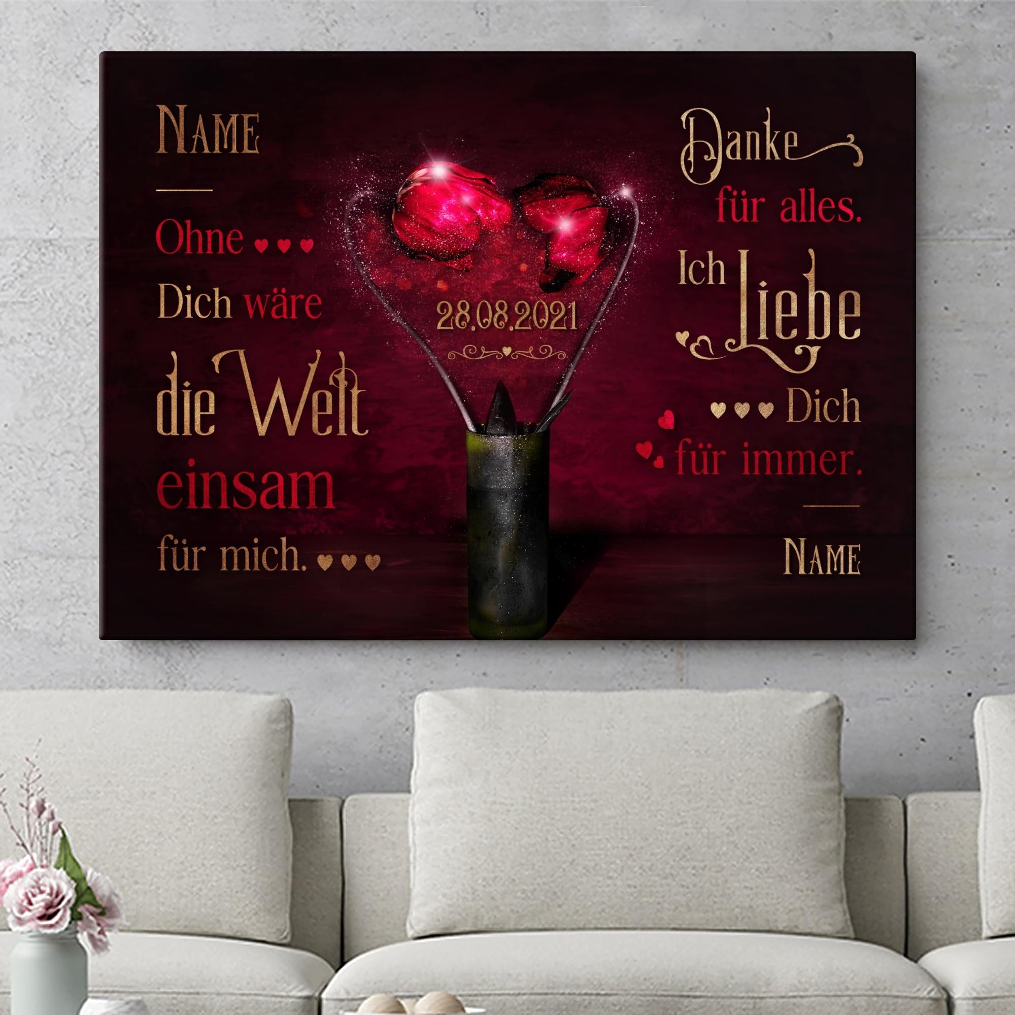 Liebesleinwand | Leinwand mit Namen und Datum | Wandbild gestalten, Jahrestag Geschenk für Frauen und Männer | Blüte an Blüte