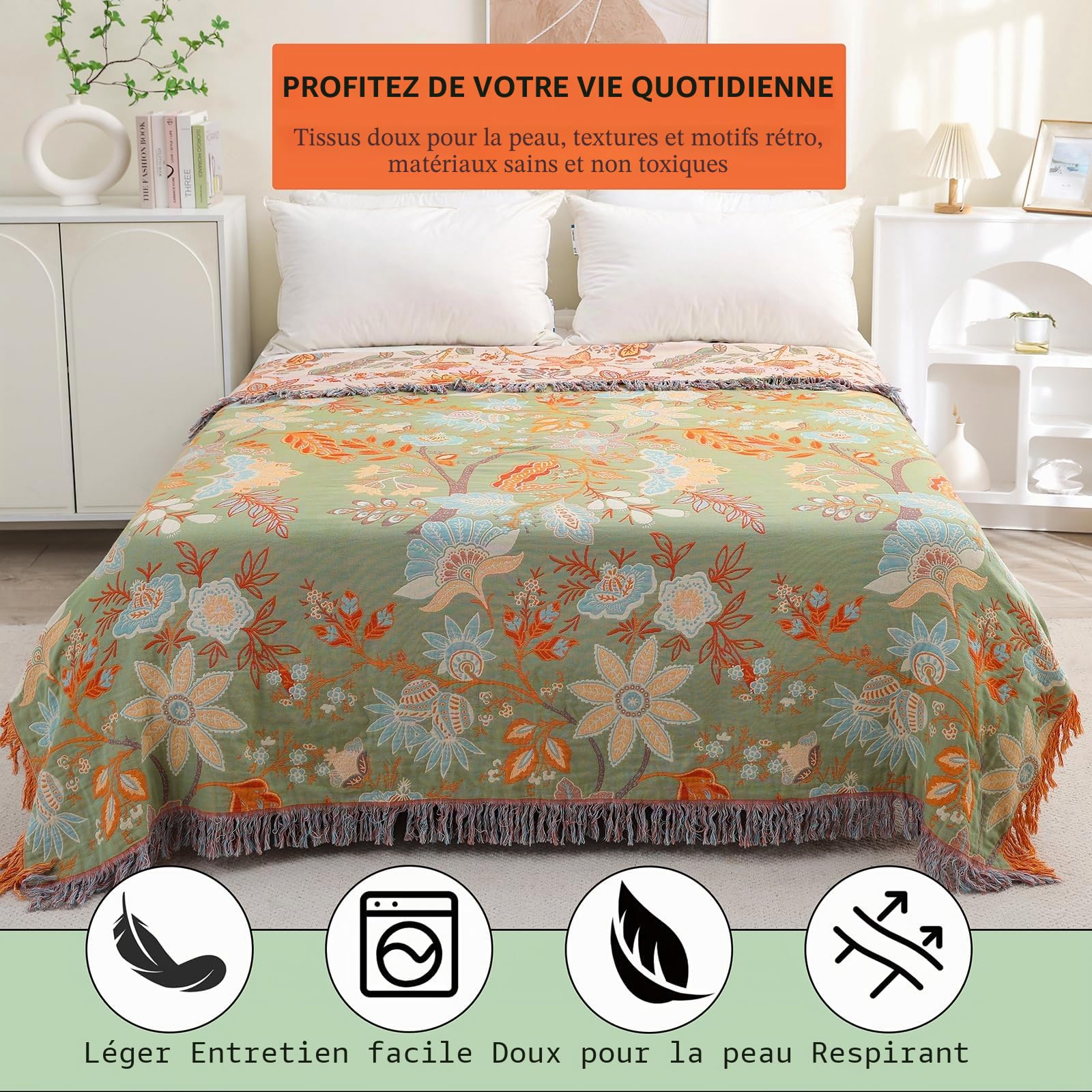 HOORDRY Couvre-lit style bohème, 100 % coton, 200 x 230 cm, couverture douillette réversible pour lit, canapé et salon, idée cadeau pour la famille et les amis