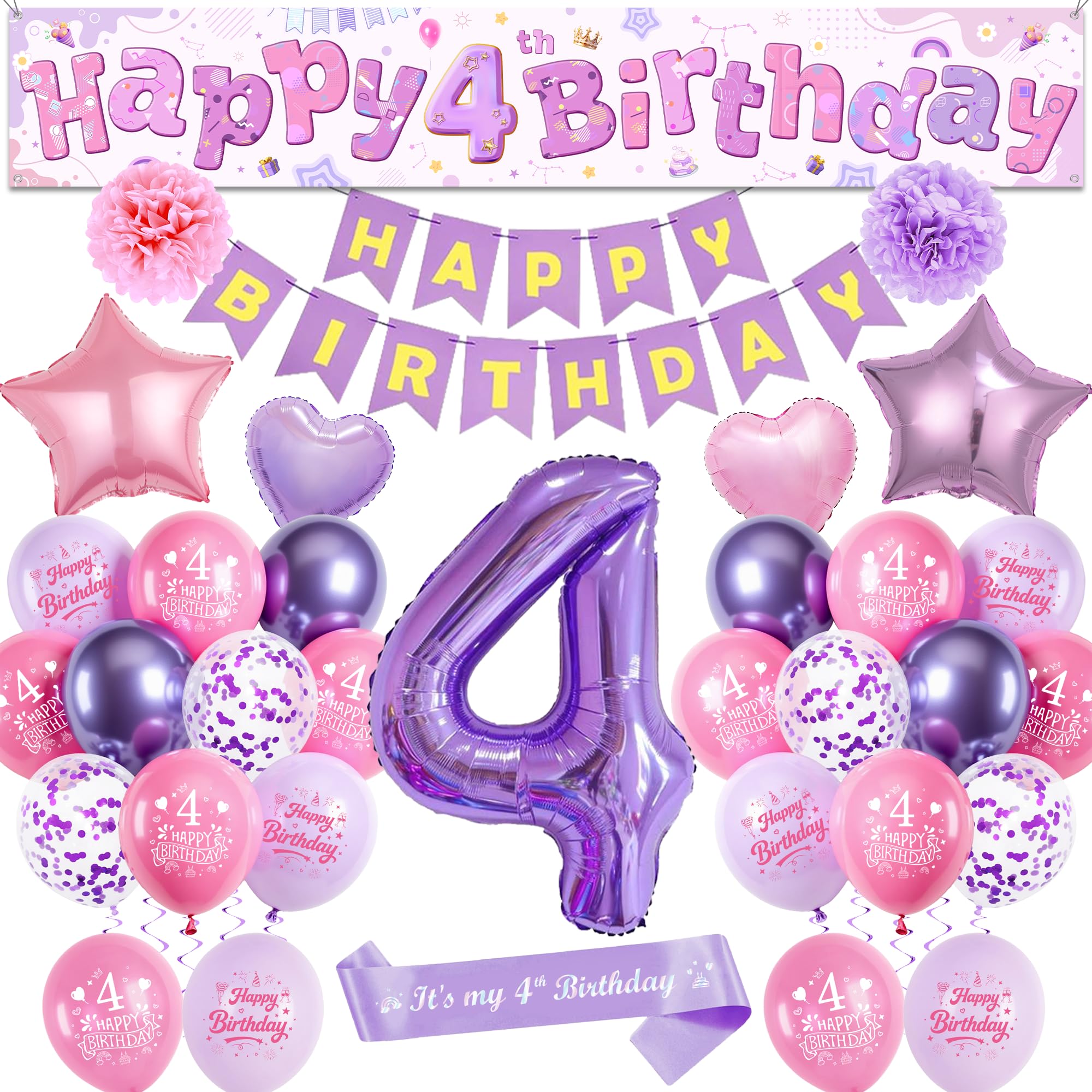 4th Birthday Decorations Balloons Girls - Pink Purple Large Happy 4th Birthday Yard Banner(25 X 150 Cm) Mit Sash, Stars Crowns Number 4 Foil Balloons and Paper Pompoms for 4 Year Olds Party