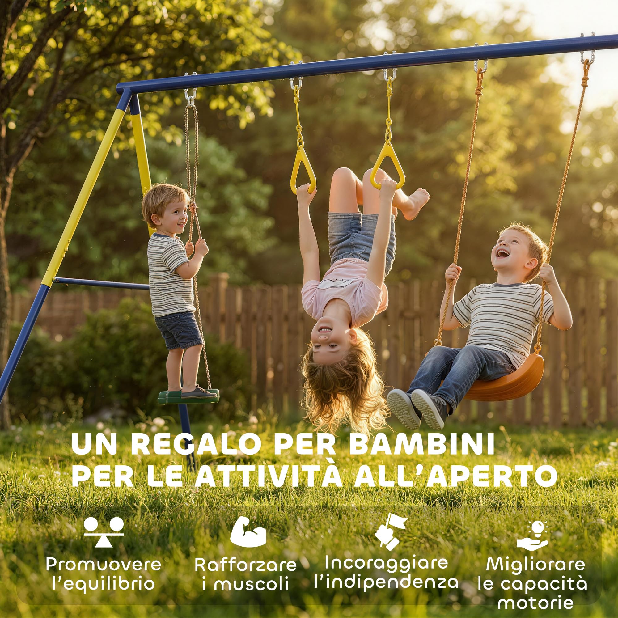 AIYAPLAY Set Altalena da Giardino 3 in 1 per Bambini con Altalena in Piedi, Anelli da Ginnastica, Telaio A in Acciaio, Altalene Doppie per Bambini, Capacità 150kg, Esterno, 3-8 Anni, 285x160x181 cm