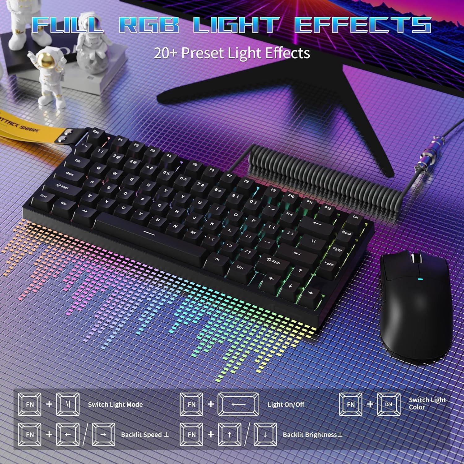 ATTACK SHARK R82HE keyboard with RGB lighting effects and control key combinations