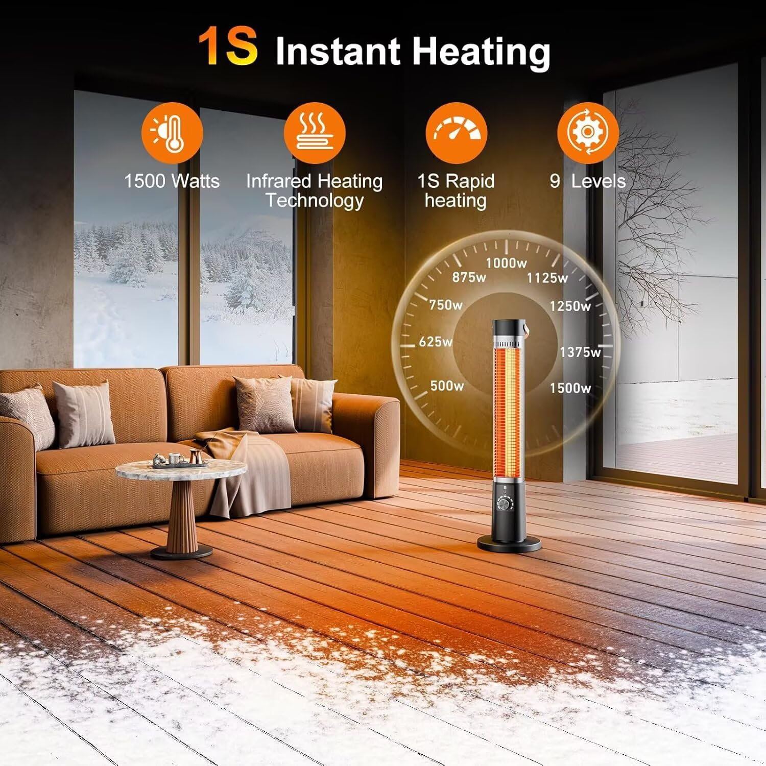Riscaldatore elettrico da cortile, timer 9H, oscillazione a 60°, riscaldatore portatile per esterni, 9 livelli di calore, protezione da ribaltamento/surriscaldamento, blocco di sicurezza
