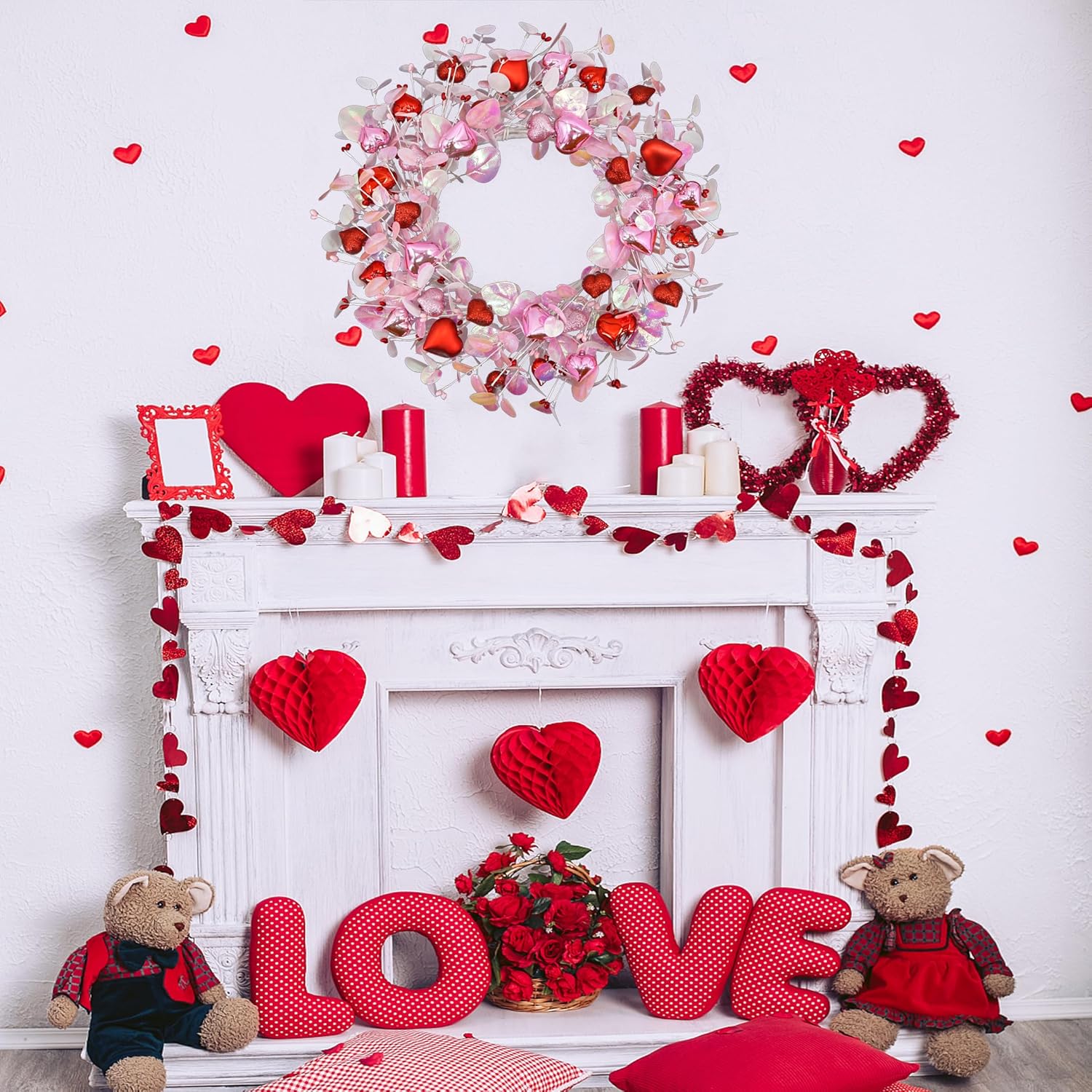 Valentine's Day Wreath for Front Door Valentine Wreath with Pink Eucalyptus Leaves,Pink and red Hearts for Indoor Outdoor Wedding Anniversary Party Home Wall Window Festival Decoration - Image 2