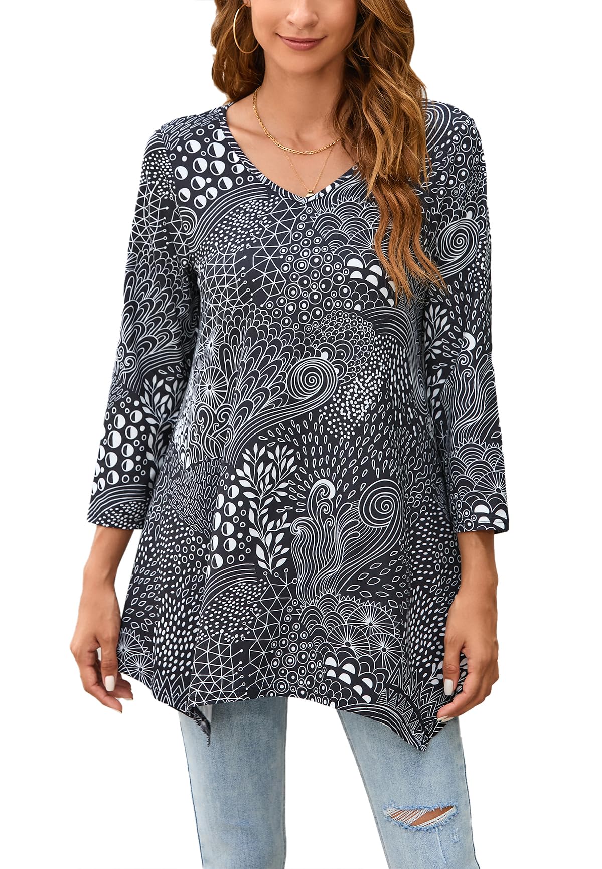 Enmain Camiseta Mujer Manga Larga Top Túnica Talla Grande Manga 3/4 Blusa on Cuello en V Tops de Colores Sólidos/Estampadas T Shirt para Mujeres S-3XL