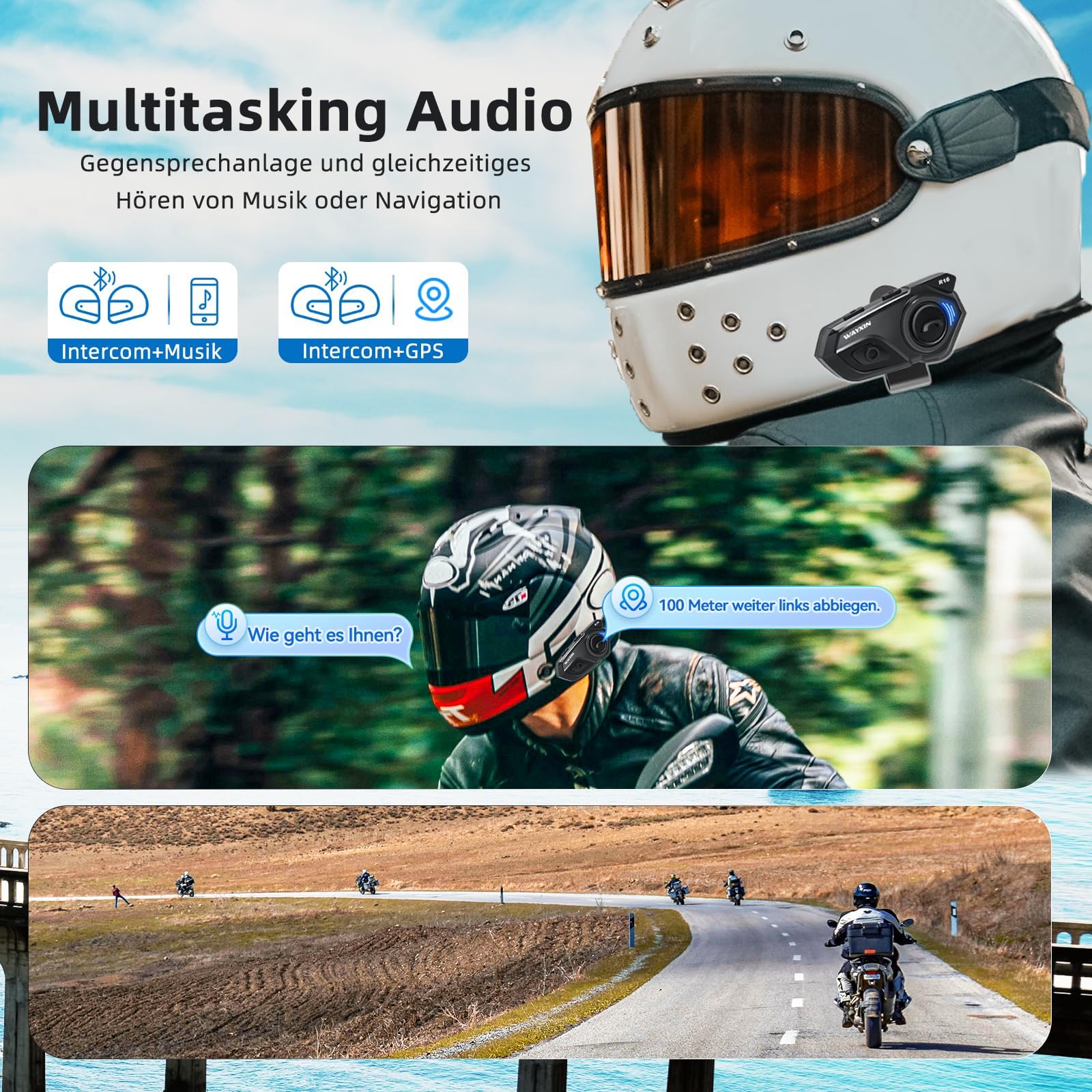 R16 motorrad headset –intercom motorrad mit Dual-Chip, Multi-Audio,motorrad kommunikationssystem für 6-8 Personen Gruppe – Kompatibel Musik teilen & FM-Radio, mit Anderen Marken IP67
