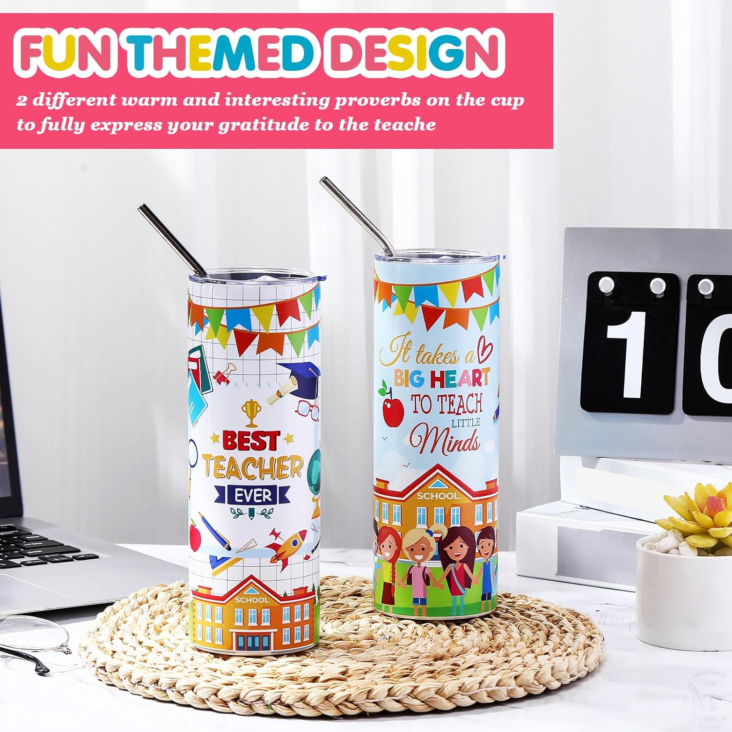 Sieral 2 Pcs Teacher Appreciation Gifts Tumbler Thank You Teacher Stainless Steel Tumbler 20 oz Inspirational Insulated Coffee Cups with Lid Straw Brush Back to School Coffee Mugs for Women - Image 4
