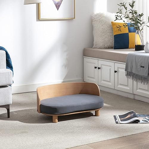 HomSof Sofá elevado para perros y gatos de 26.77 pulgadas, estilo escandinavo, con patas de madera maciza y respaldo de madera doblada, cojín de
