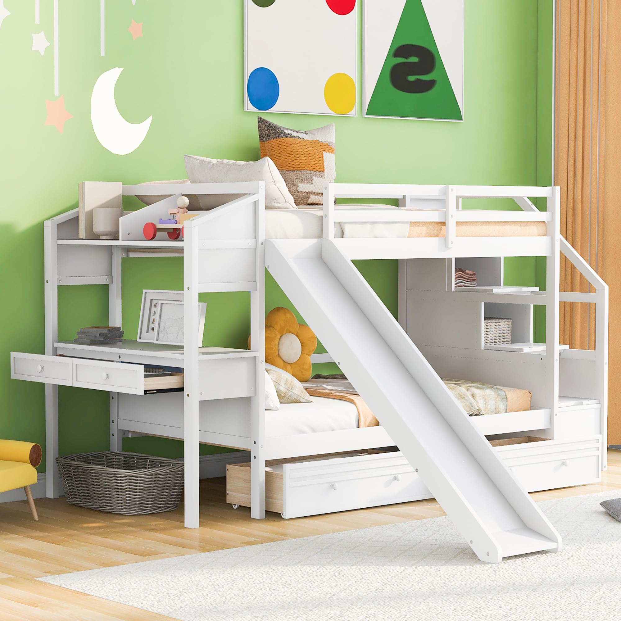 Yestar White Twin Over Twin Bunk Bed with Storage Staircase, Slide, Drawers Desk – Fun Functional Kids Bedroom (1 Drawer + 1 Shelf)
