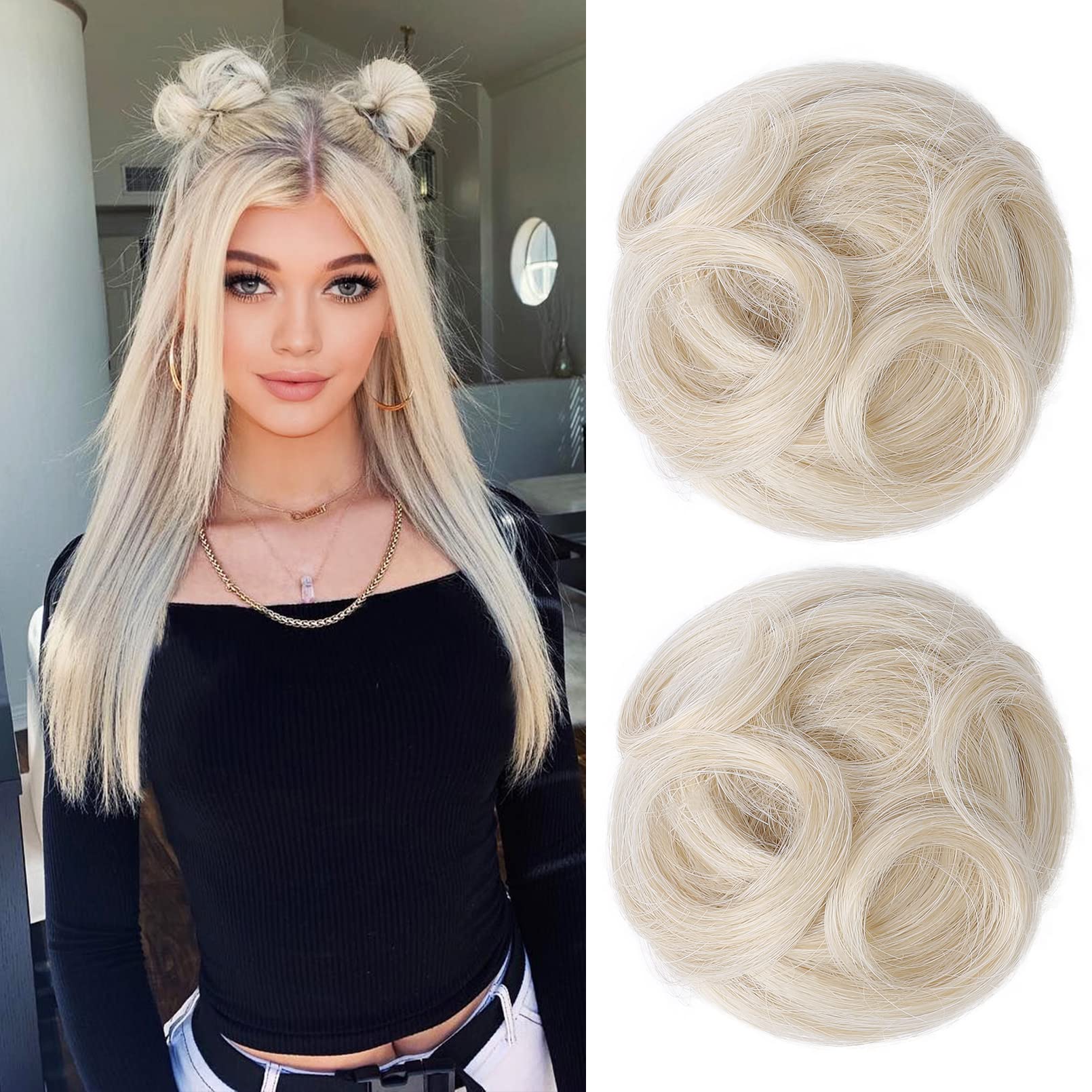 REECHO 2 PCS Mini Claw Clip in Messy & Cat Ears Hair Bun Extensions Wig Accessory Updo Hairpieces for Women Girls (Pack of 2-3.5" Wavy