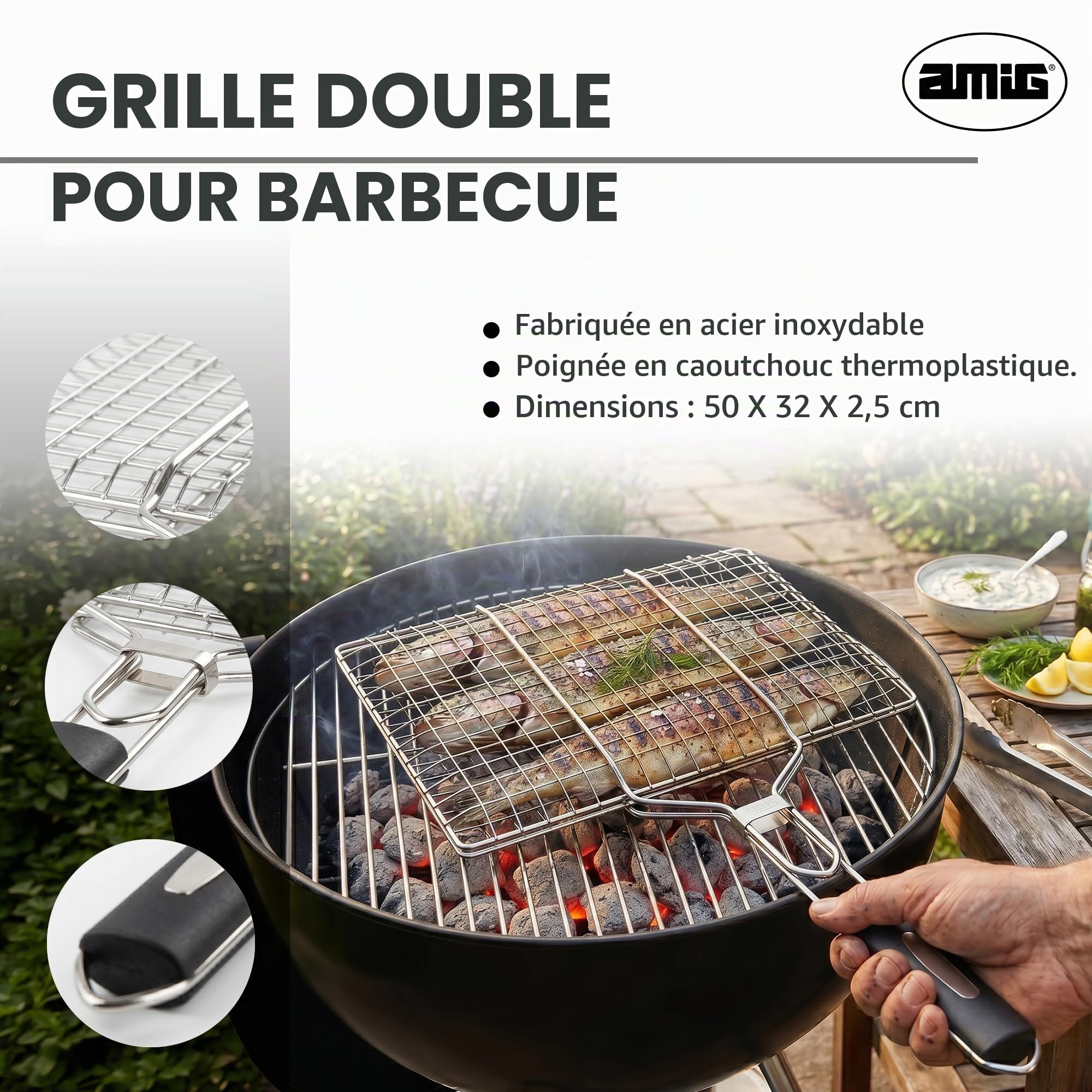 Amig - Grille Double pour Barbecue - 50 x 32 cm - Acier Inoxydable - Grille BBQ pour Viande et légumes - Mod. AM34