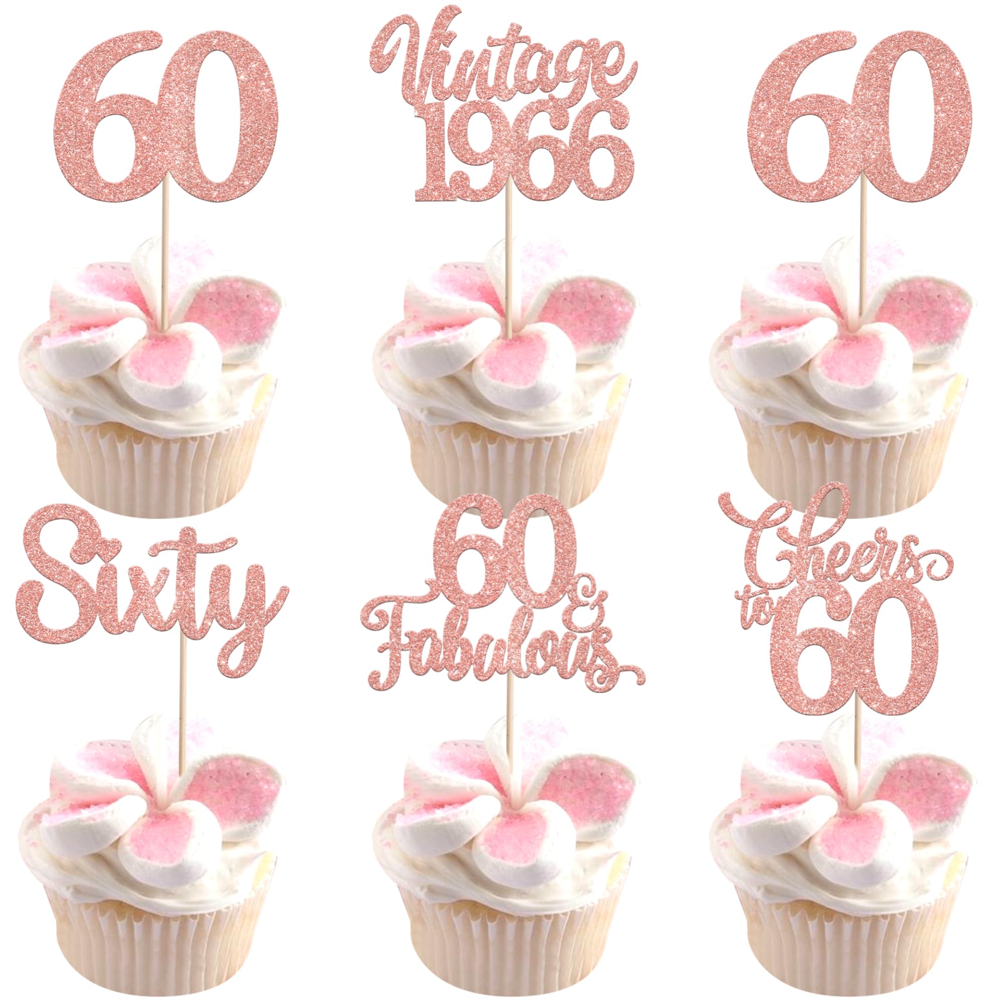 30 Pack Happy 60th Birthday Cupcake Toppers Glitter Hello 60 Sixty Vintage 1966 Cupcake Picks Cheers to 60 Party Decorations for 60th Birthday Anniversary Party Cake Decorations Rose Gold