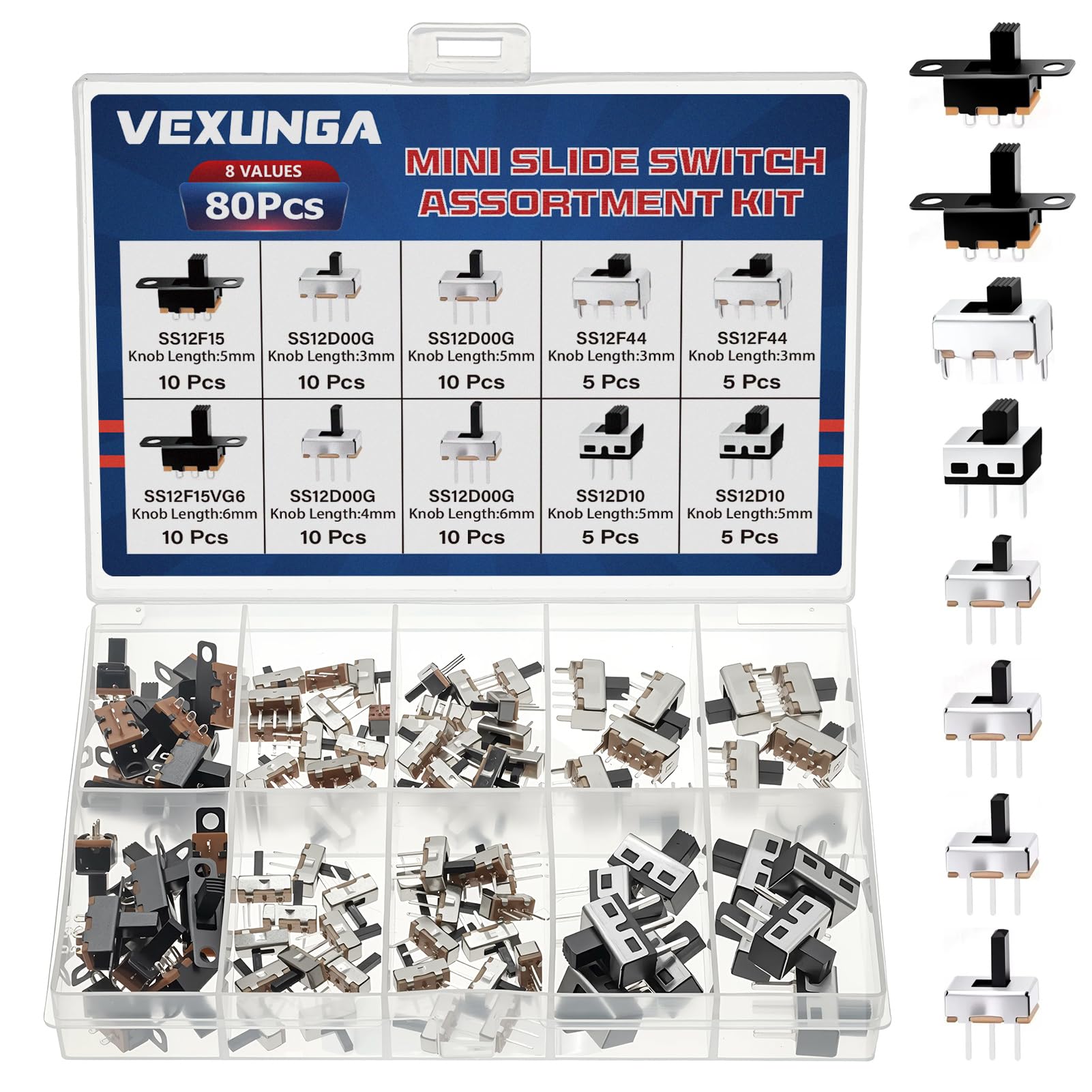 80-Piece Mini Micro Slide Switch Set (SPDT, 3-Pin) for Vertical Panel Mounting