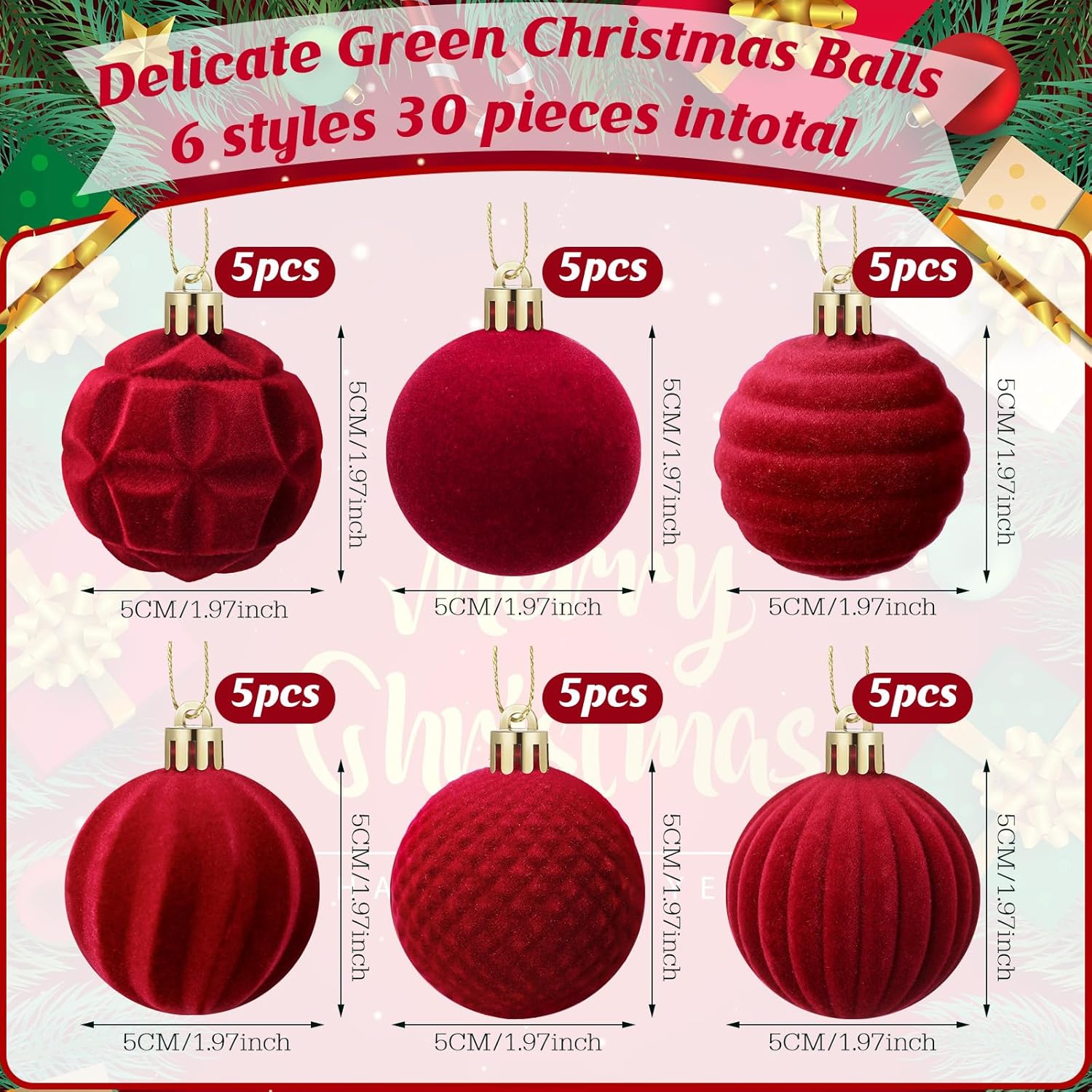 Menkxi 30 Pcs Burgundy Velvet Christmas Balls Ornaments 2 Inch Flocked Christmas Tree Decorations Plastic Red Xmas Hanging Ornaments for Holiday Party Decorations