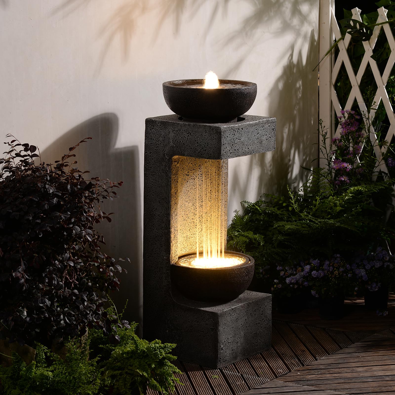 SERBILHOME 33.9" Tall Outdoor Fountains and Waterfalls Modern Water Feature with Light Resin Waterfall Fountain Outdoor, Rain Curtain & Bowl Design Garden Fountain for Patio, Yard, Porch Home Outside