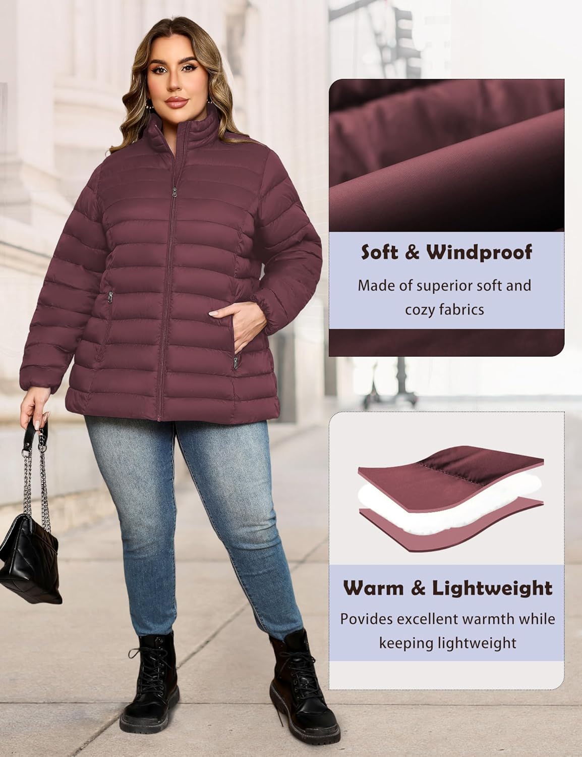 MIDNIGHTSUN Plus Size Women's Puffer Jacket Packable Lightweight Stand Collar Winter Puffer Coat - Image 5