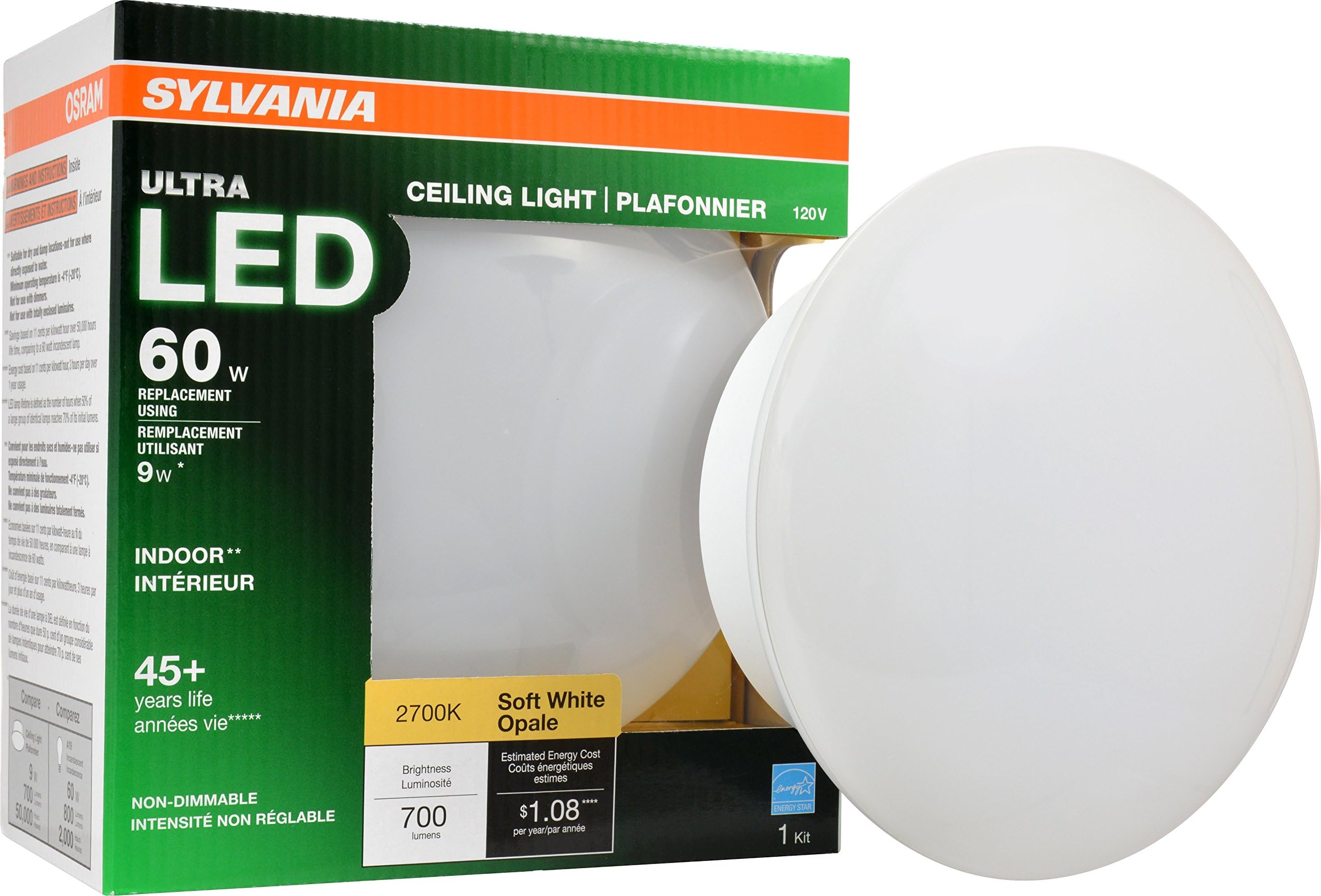 Sylvania Ultra LED Porcelain Ceiling Light Fixture, 60W = 9W, Non-Dimmable, Medium Base, 2700K, Soft White - 1 Pack (75080)