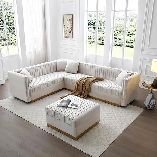 Miniatura 3 de FANYE Juego de 3 muebles contemporáneos de terciopelo de canal vertical copetudo, incluye 3 plazas, sofá 2, dos sofás esquineros de 3 plazas+otomana