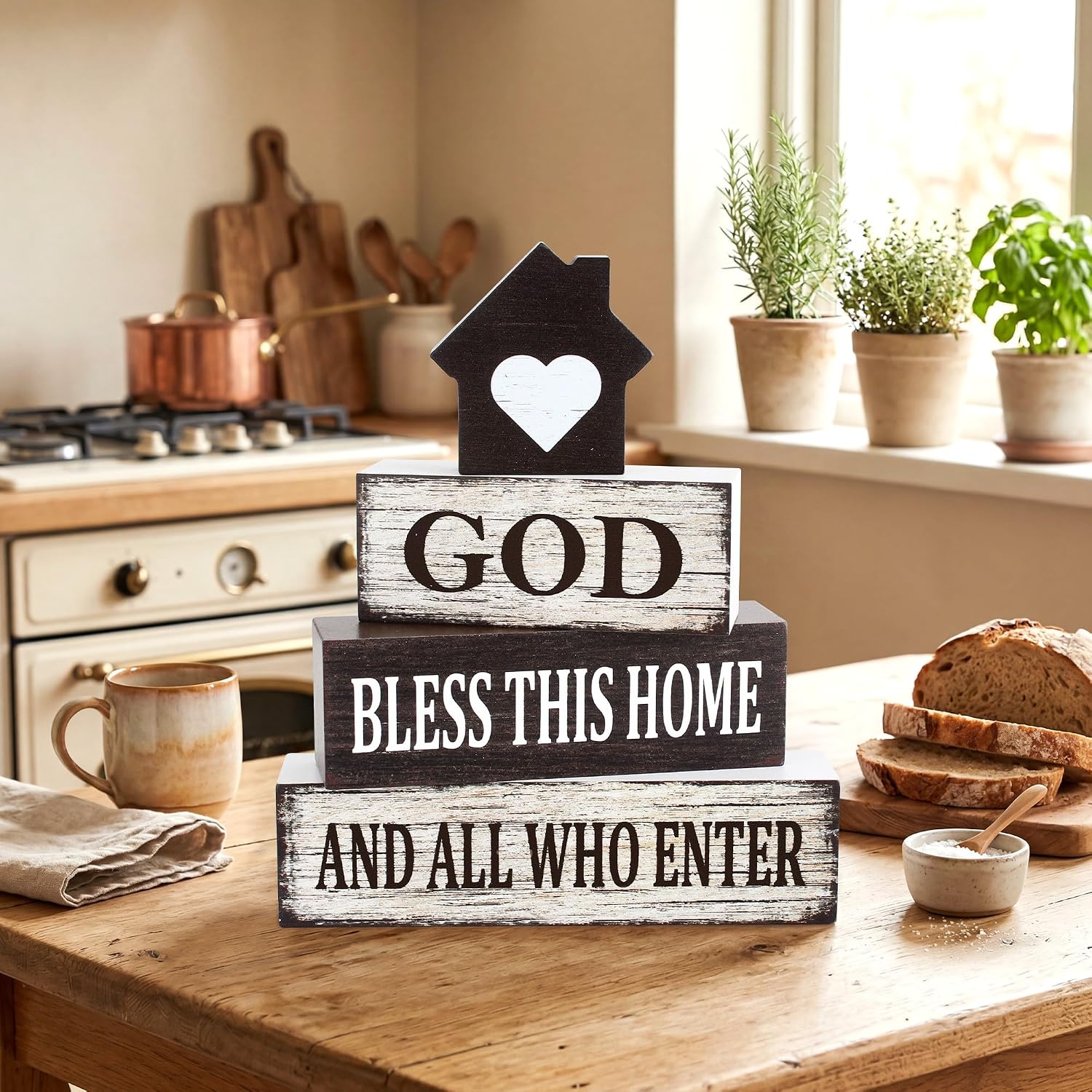 4 Pcs Christian Farmhouse Wooden Tiered Tray Decor, Bible Retro Rustic Table Centerpiece Decorations Gifts for Home Kitchen Mantel Shelf Office