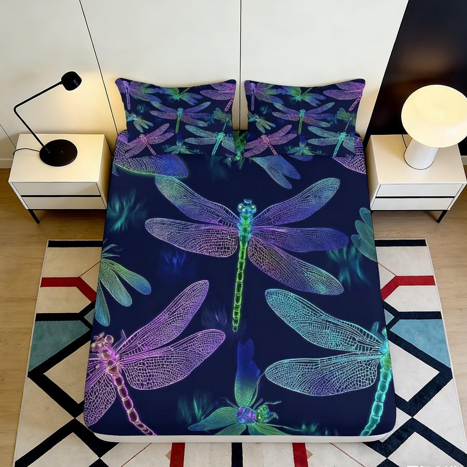 3D Printed Dragonfly Night Fitted Sheet Microfiber Soft Breathable Forest Bed Cover for Bedroom Guest Room Decor 90x200x25cm