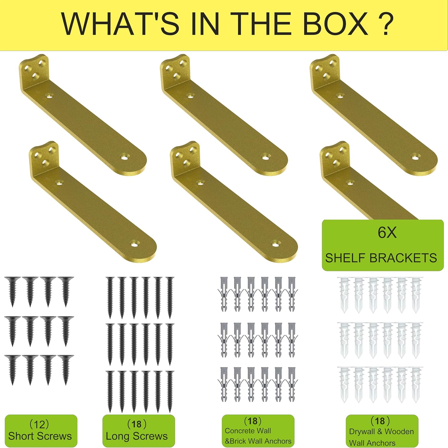 Floating Shelf Bracket, 6 Inch 6PACK Gold Heavy Duty Shelf Bracket,Hidden Shelf Brackets 1/5 in Thick,L Brackets Support for Shelves,Suitable for Kitchen, Study Or DIY,Holds Over 160lb+