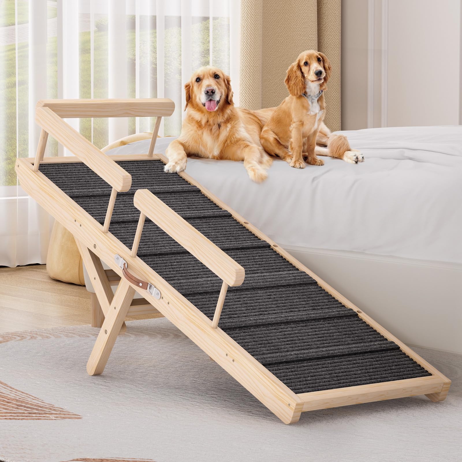 Tresbro Dog Ramps for High Beds, Couch, Car, 55.11'' Long Pet Ramp with Adjustable 15.55'' to 26.77'' Height, Dog Ramp Hold up to 200LBS with Anti-Slip Mat & Side-Rails for Small Medium Large Old Dogs