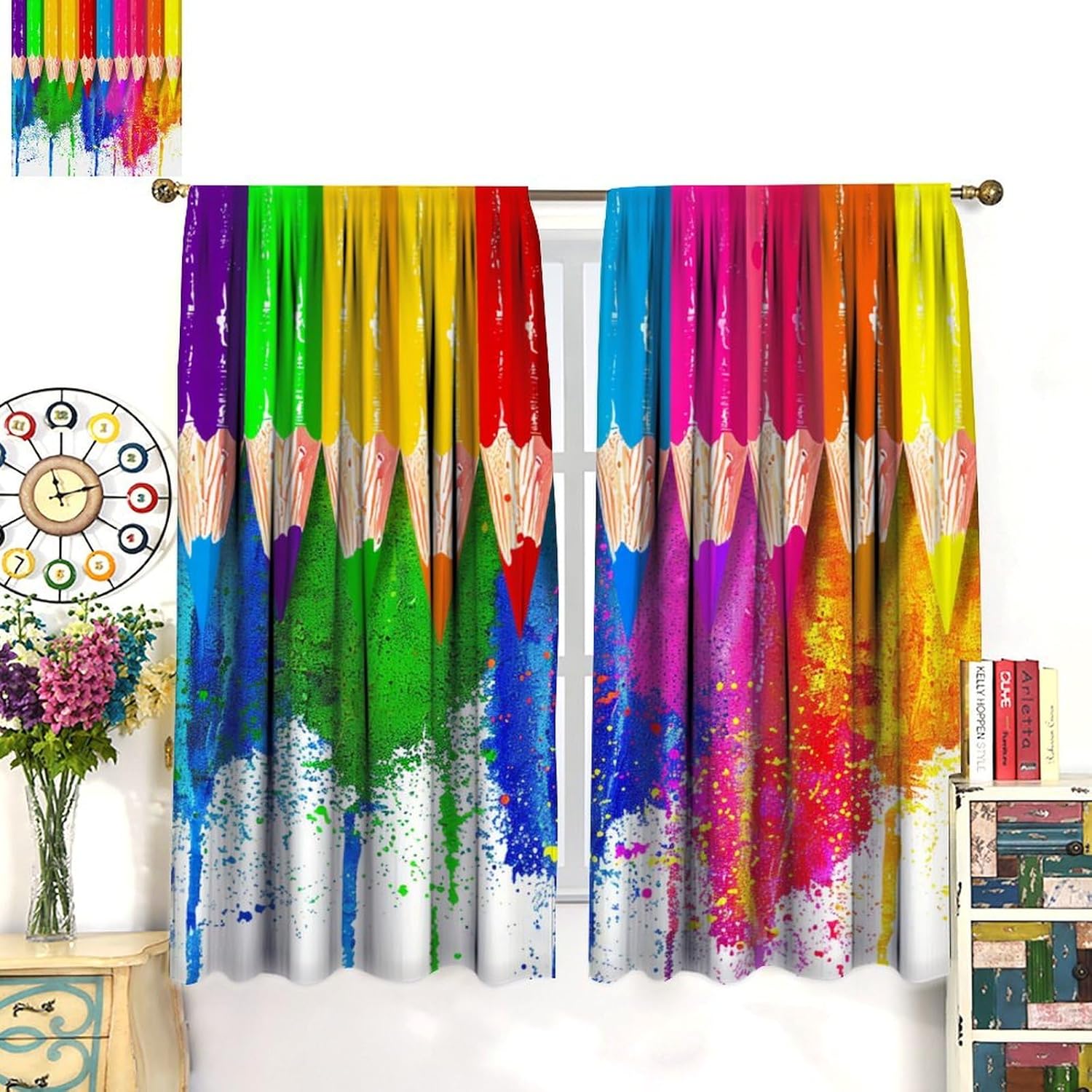 Crayon Curtains Watercolor Colorful Rainbow Pencil Pattern for Kids Room Decoration Blackout Print Rod Pocket Window Drapes for Bedroom Living Room 42x45in