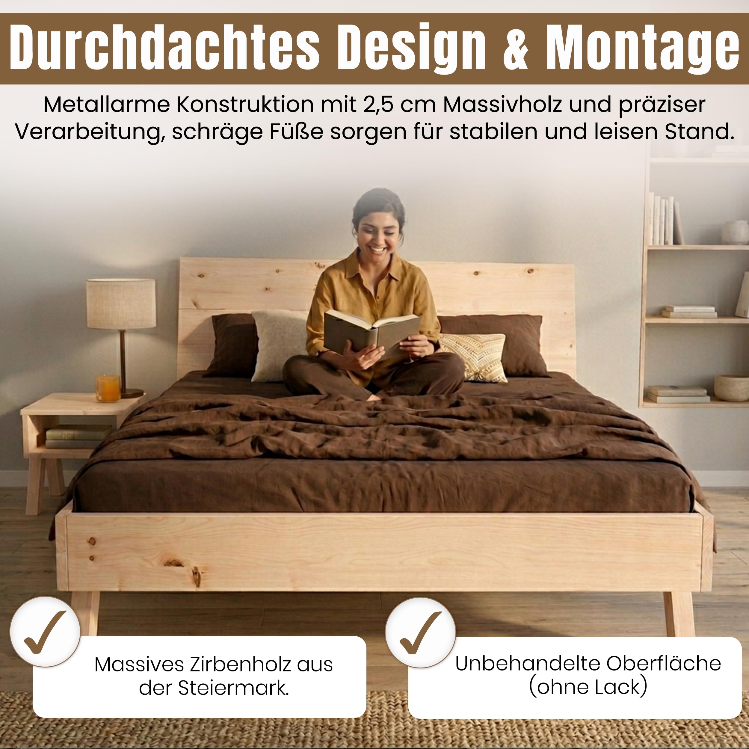 Geborgenschlafen Massivholzbett 90×200 cm aus Zirbe Natur | Unbehandelt LOVA Holzbett mit Komforthöhe 40 cm & Einlegetiefe 17 cm – Stabil und langlebig Massivholz-Bett