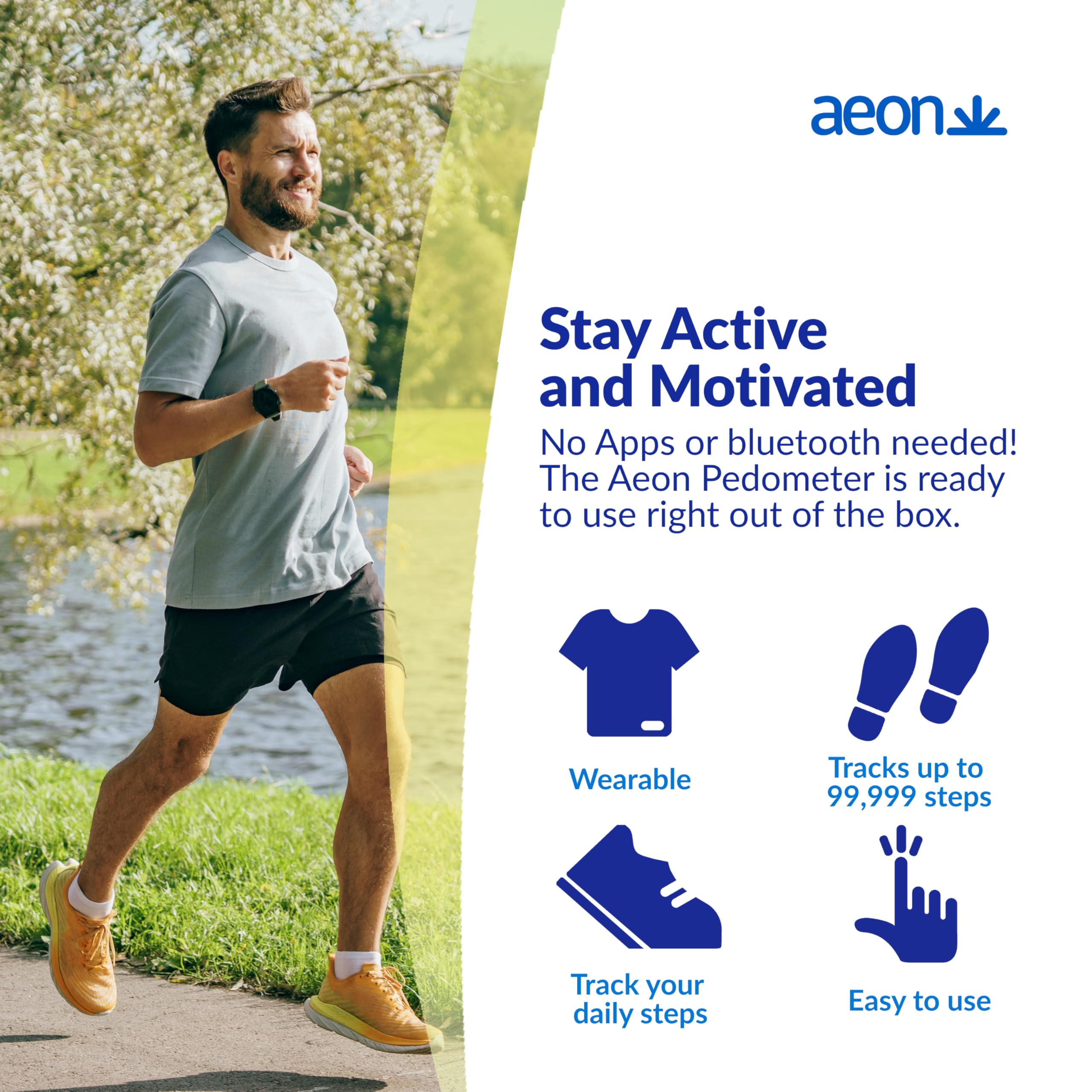 Aeon Rechargeable 3D Pedometer with Step Counter – Silent Motion Sensor, Large LCD Backlight Display, USB Charging, Belt Clip & Lanyard - Accurate Fitness Tracker