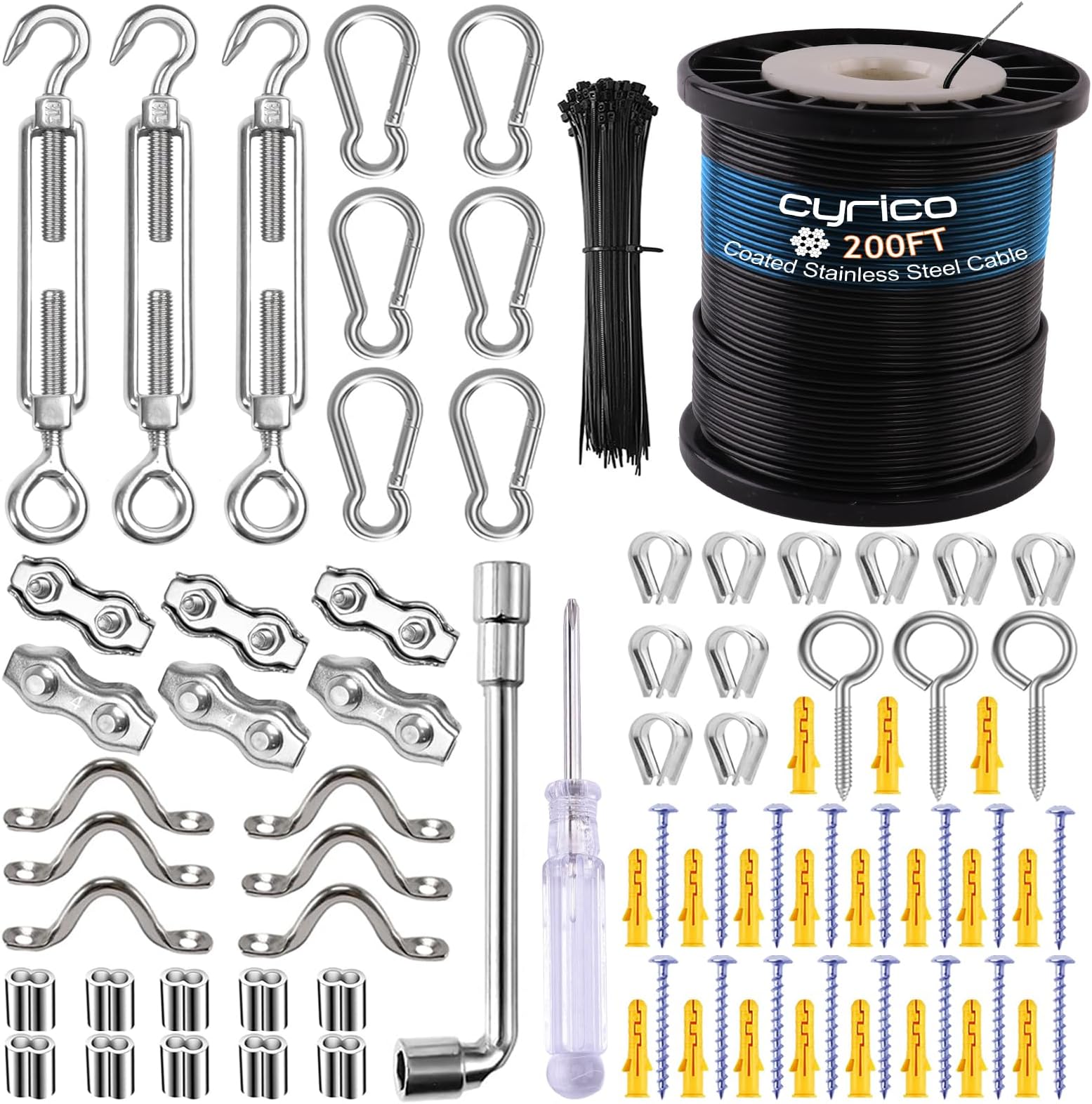 cyrico String Light Hanging Kit, Outdoor Light Guide Wire, Globe String Lights Suspension Kit with 200 Ft Nylon Coated Stainless Steel 304 Wire Rope Cable, Turnbuckle, Enough Accessories, Use Manual
