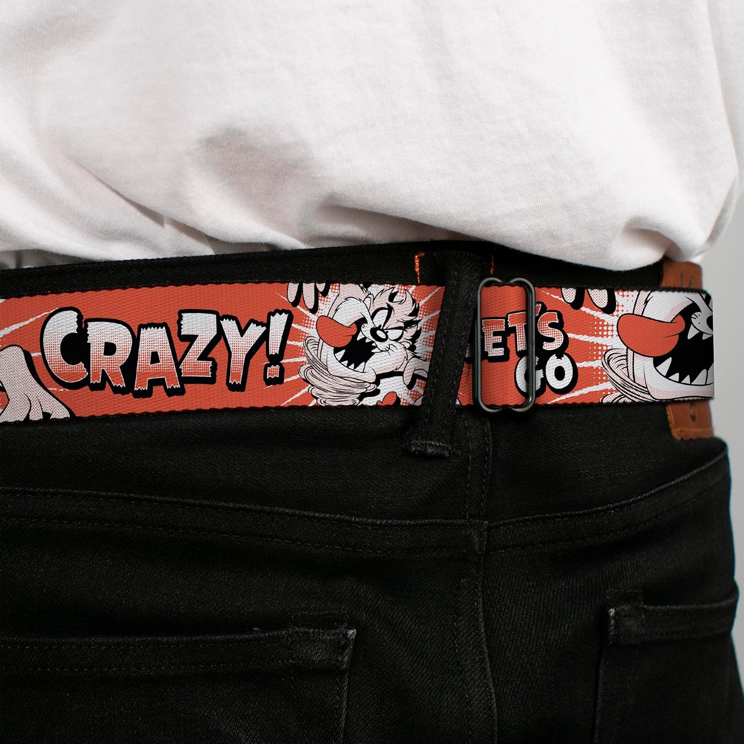 Looney Tunes Belt, Seatbelt Buckle Belt, Looney Tunes Taz Tasmanian Devil Lets Go Crazy Pose Reds, Adjustable