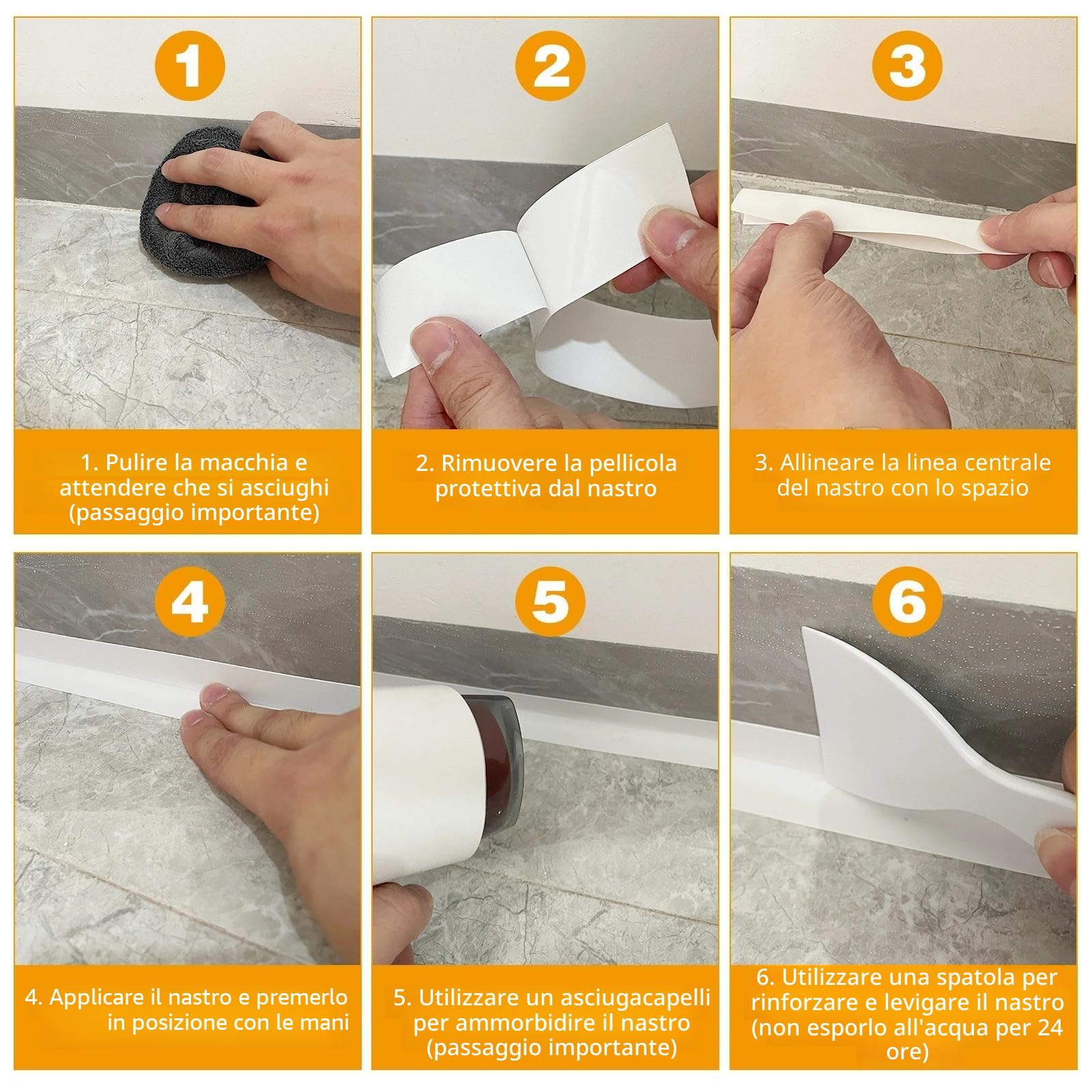 Silicone Bianco Bagno Antimuffa, Battiscopa Autoadesivo, Nastro Adesivo Impermeabile per Cucina e Bagno, 5 m x 36 mm Profilo PVC flessibile, Bianco