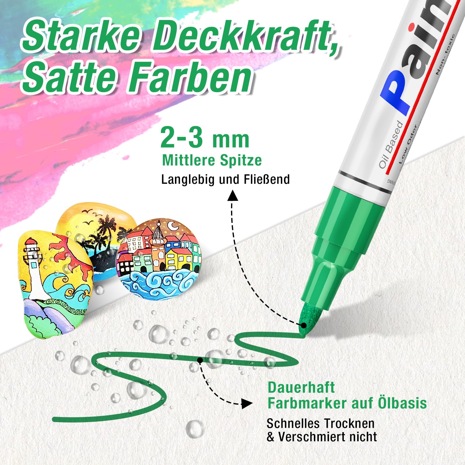 Permanentmarker, 8 zwarte glasstiften, watervaste stiften, sneldrogend, lakstiften, waterbestendige permanente marker om stenen te beschilderen voor karton, plastic, hout, metaal, keramiek, glas