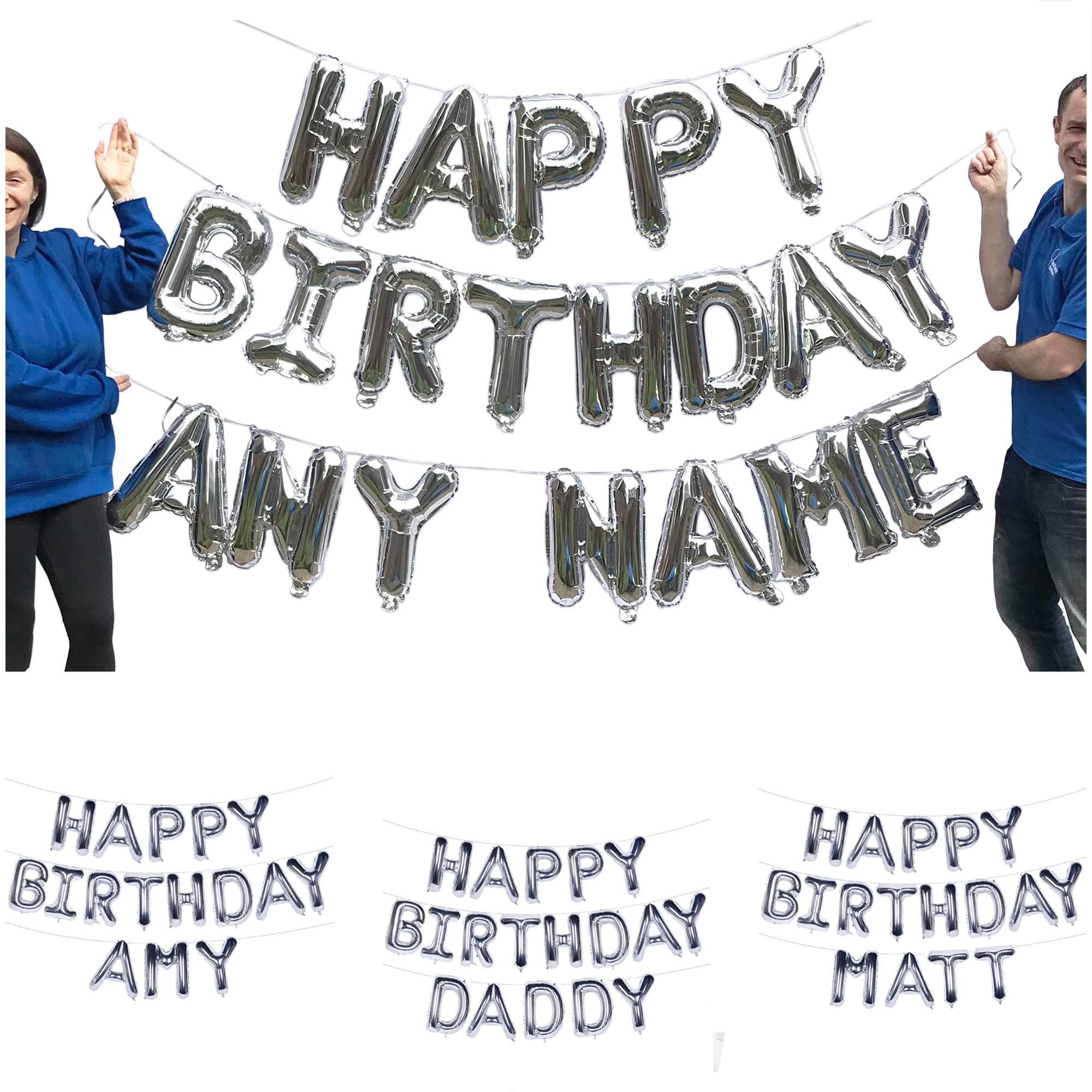MATTHEW BALLOONS Happy Birthday Balloon Banner & Custom Name Letter Balloons 16 Inch Silver Personalisation Party