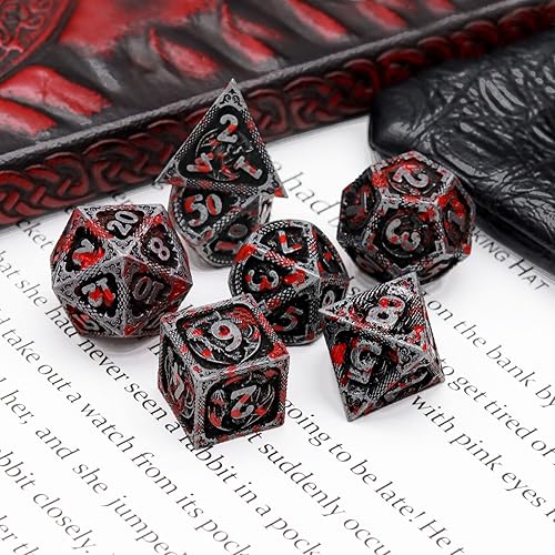 Miniatura 10 de Haxtec DND - Juego de dados de metal DD con bolsa de dados de cuero dados poliédricos de metal rojo de hierro antiguo para Calabozos y Dragones
